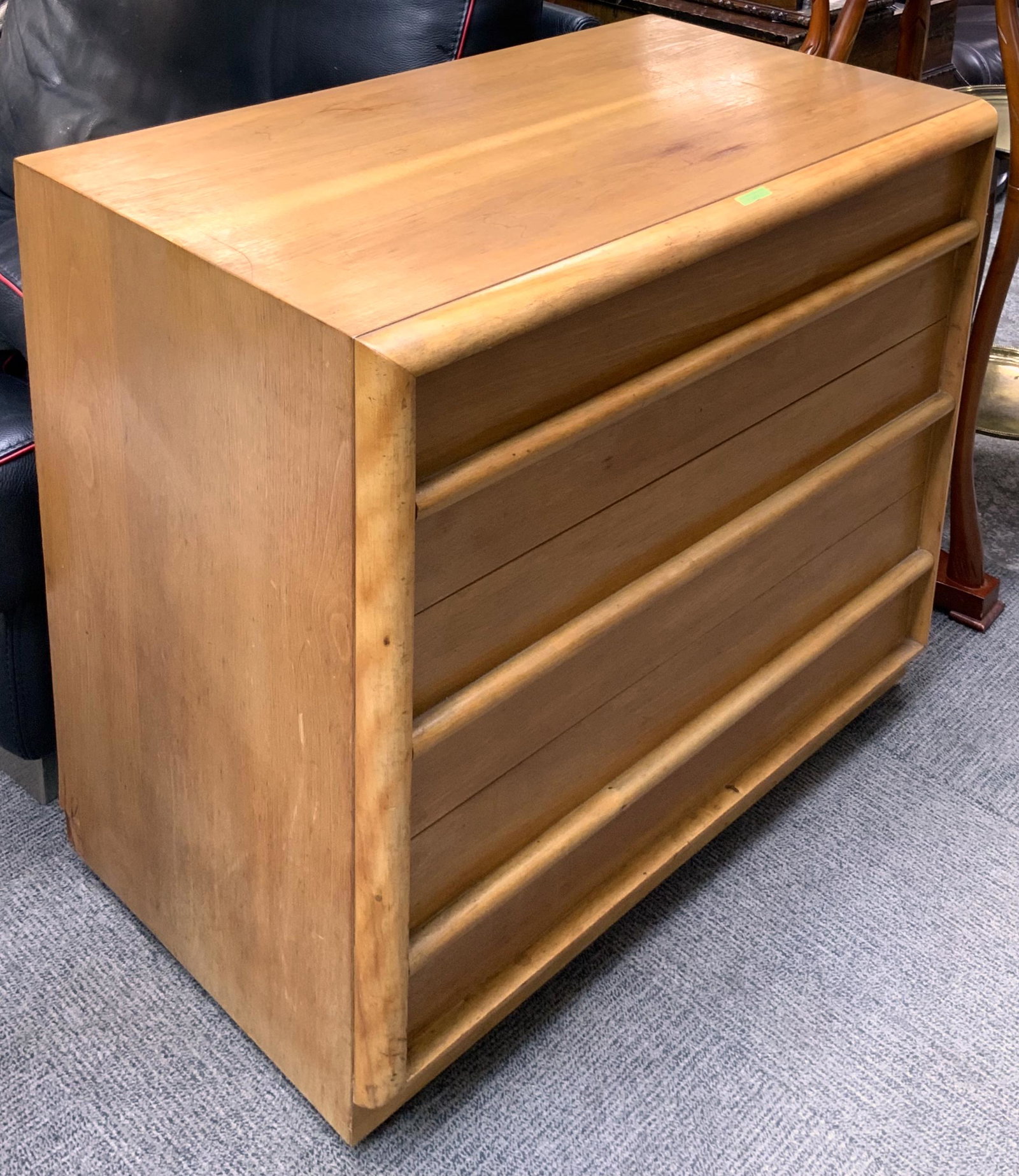 T.H. Robsjohn Gibbings for Widdicomb 3-Drwr. Chest: A Blonde Wood Mid-Century Chest. Has Veneer Damage on the Lower Left Hand Side, and Some Scratches on the Top. Measures 35" Wide, 31 1/2" High, and 20 1/2" Deep. Third-Party Freight Shipping or Person