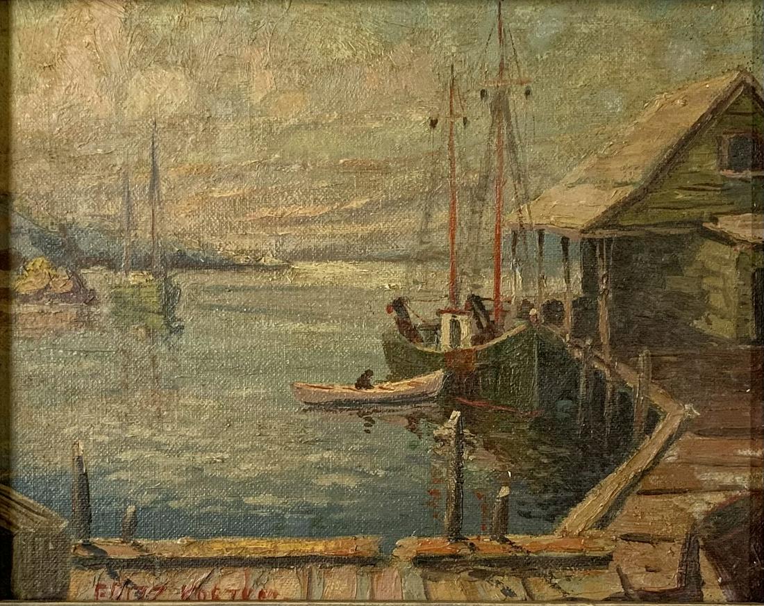 Painting of Sailboats in Harbor by Franz Korwan.: Oil on Canvasboard. The Painting Measures 8" x 10". The Frame Measures 14 3/4" x 13". Third-Party Shipping or Personal Pickup Required.