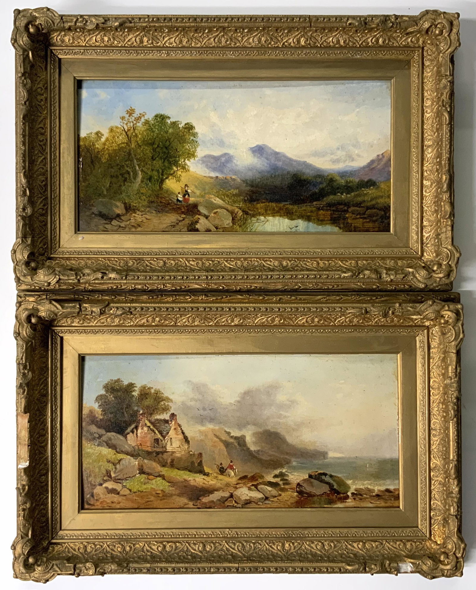 Pair of Antique British Landscape Oil Paintings.: Unsigned. Oil on Board. The Paintings Measure 7" x 14". The Frames Measure 12" x 18 3/4". One of the Frames has some Damage. Third-Party Shipping or Personal Pickup Required.