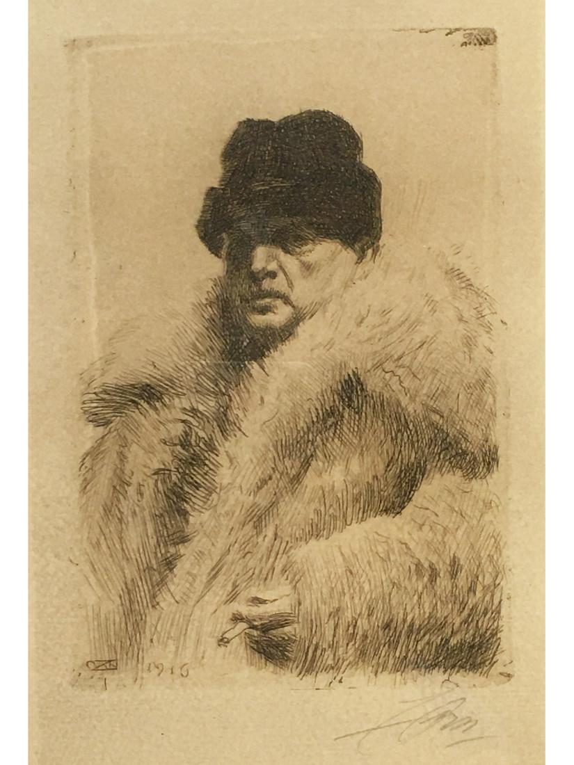 Anders Zorn Etching, Self-Portrait.: Titled "Portrait of the Artist, 1916". Pencil Signed Lower Right. Image Size Measures 7" x 4 5/8". With a Gallery Tag from Arthur H. Harlow & Co., New York. The Gallery Tag States that this Piece is a