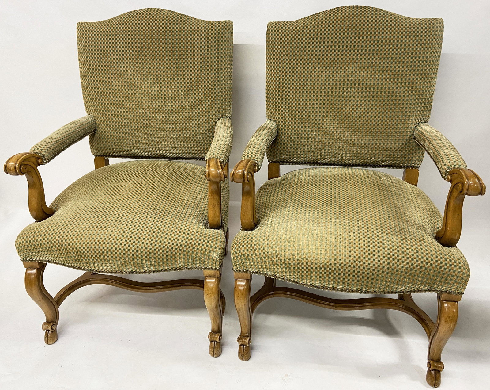 Pr. of Large William Switzer Upholstered Armchairs: Signed Underneath. These Measure 29" Wide, 42" High, and 24" Deep. Third-Party Freight Shipping or Personal Pickup Required.
