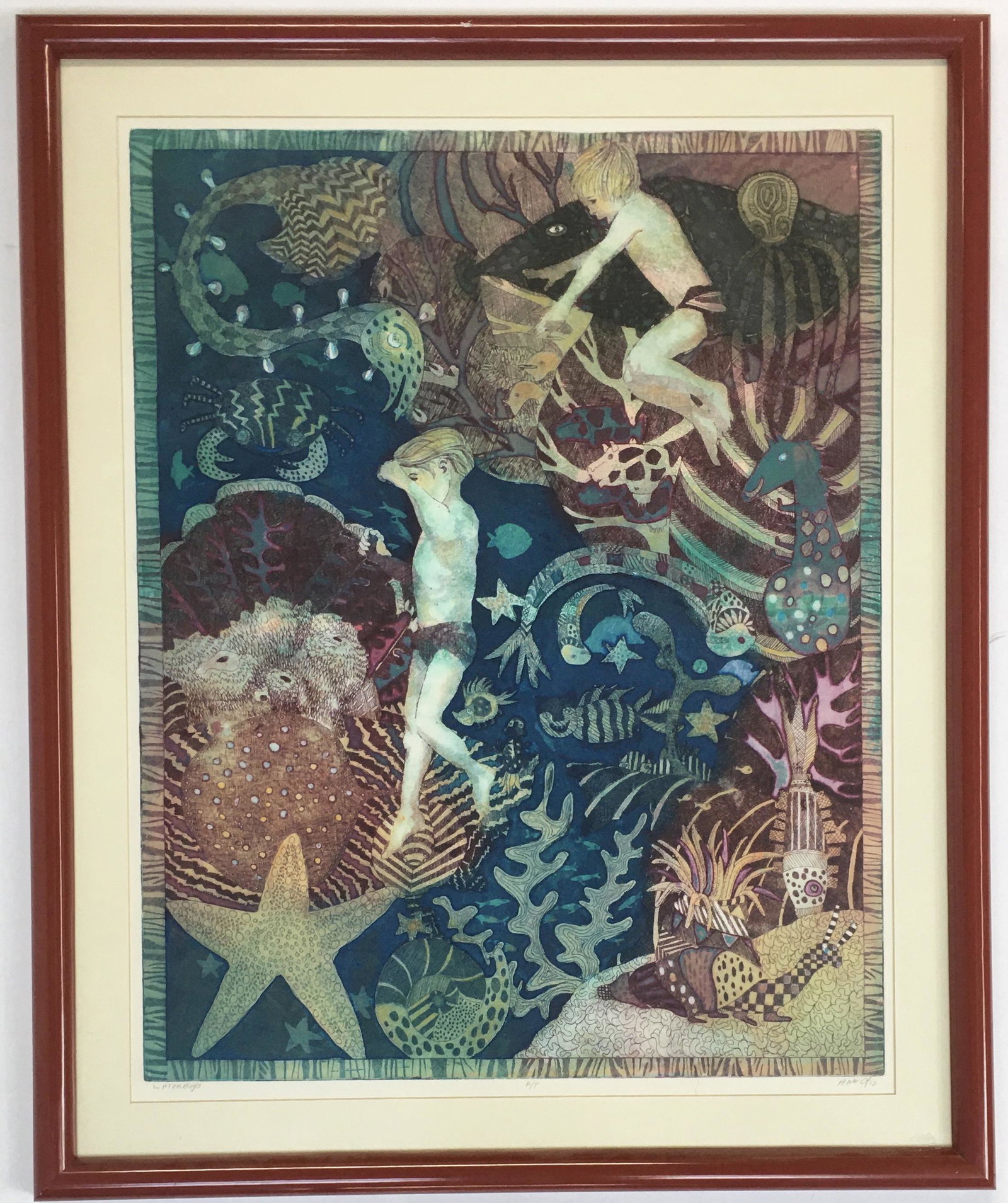Ann Otis Colored Artists Proof Etching, Water Boys: Signed Lower Right. Titled Lower Left. "A/P" Lower Middle. Image Size Measures 27 1/2" x 21 1/2". Third-Party Shipping or Personal Pickup Required.