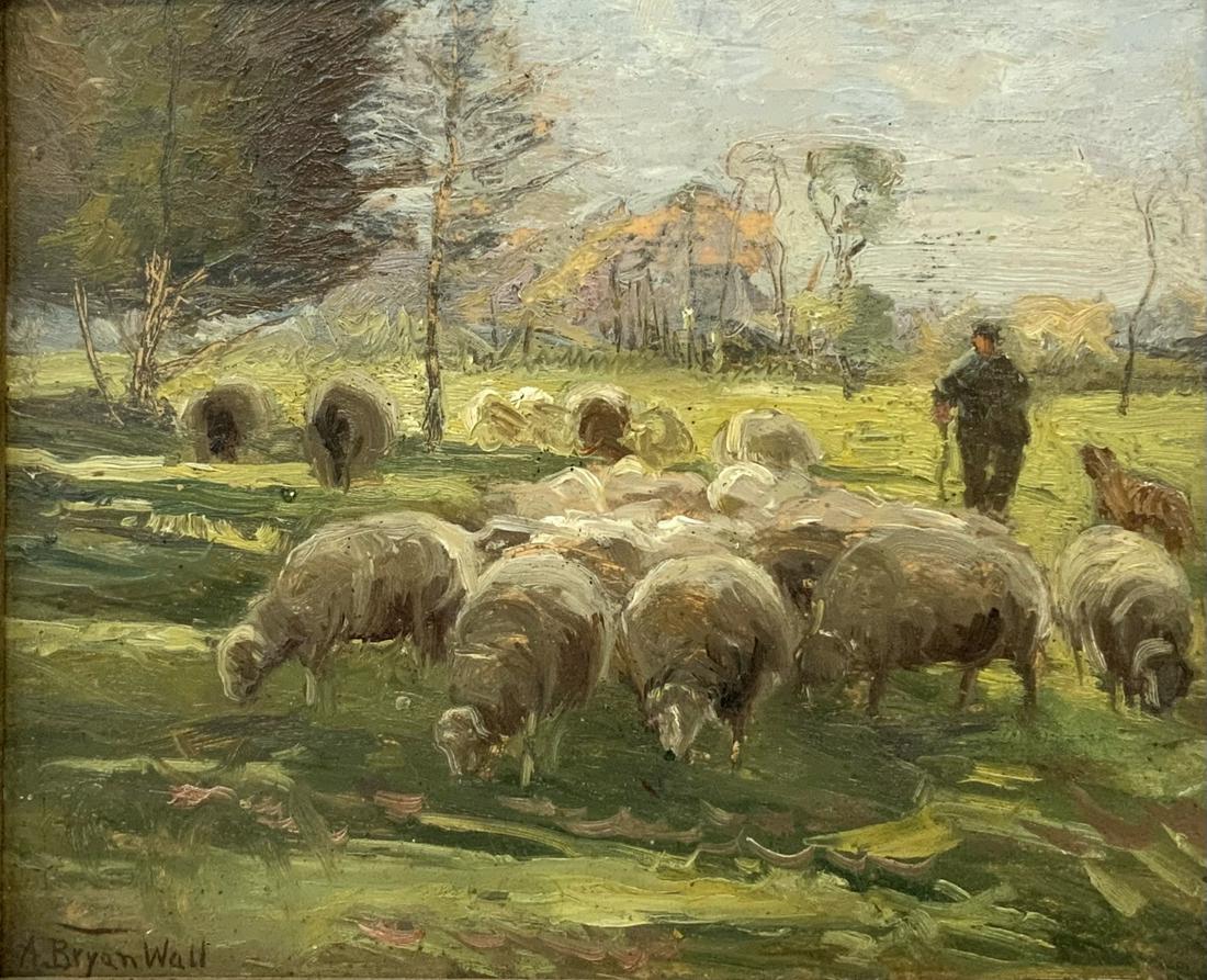 A. Bryan Wall Impressionist Painting of Sheep.: Oil on Masonite, Signed Lower Right. Titled "Old Shepherd and his Sheep". With a Gallery Label from Harry Eichleay Art Company, Pittsburgh, Pennsylvania. Has a Writeup on the Back about the Artist mad