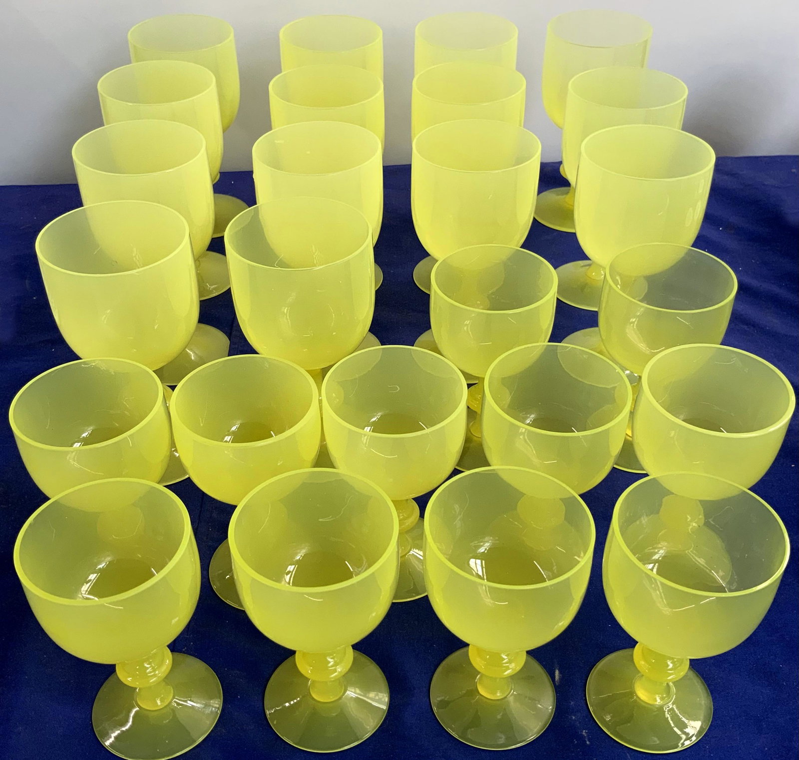 Set of PV (Portieux Vallerystal) Opaline Stemware.: Beautiful Glass. Eleven 5 1/4" Goblets (One has a Rim Chip), and Fourteen 6 1/2" Goblets. Third-Party Shipping or Personal Pickup Required.