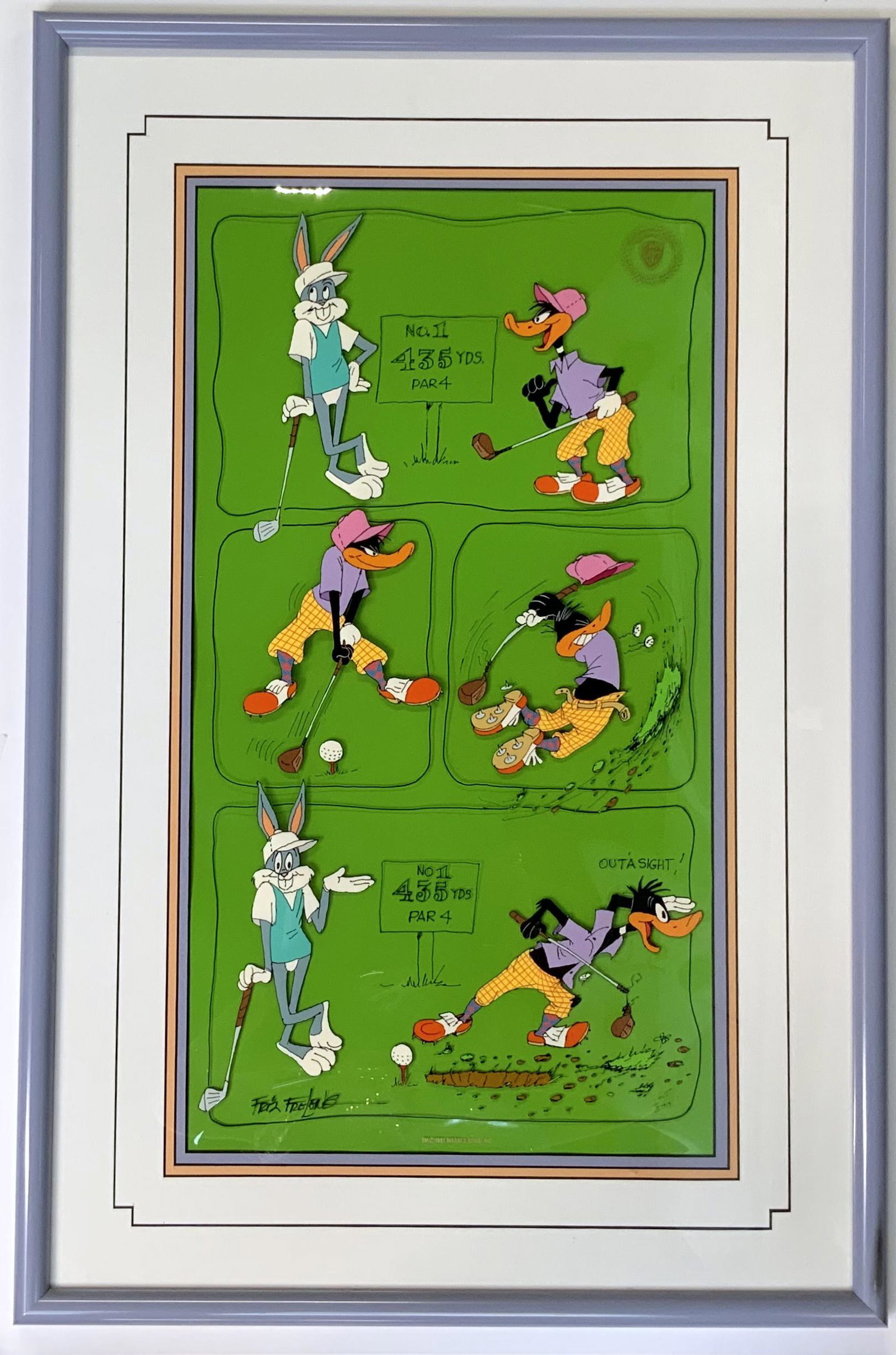 Warner Bros. Hand-Painted Golf Cel, Bugs Bunny.: Depicting Bugs Bunny and Daffy Duck attempting to Golf. Dated 1991. Signed Friz Freleng. Numbered 65 of 500. The Plastic Front has a Small Scratch on the Front, Near the Top. The Frame Measures 32 1/2