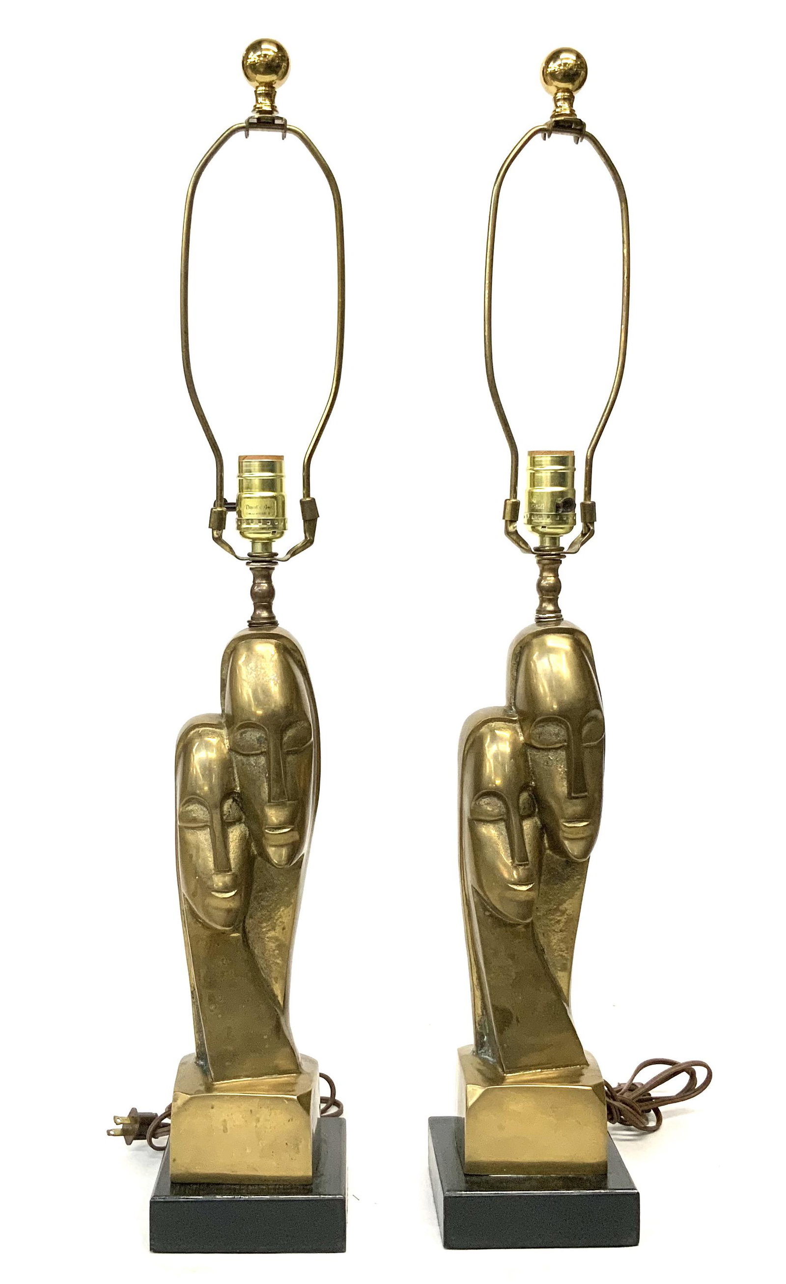 Pair of Modigliani-Style Brass Lamps with 2 Heads.: These Measure 16" Tall to the Top of the Figure's Heads, and 30 1/2" Tall to the Top of the Finial. Third-Party Shipping or Personal Pickup Required.