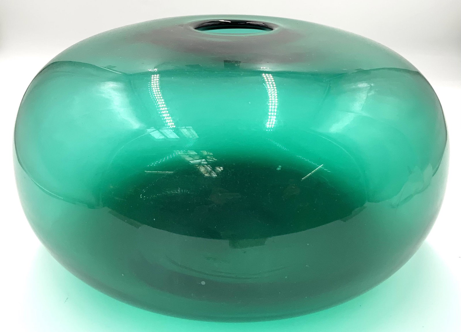 Very Large Green Blenko Glass Vase.: Measures 7" Tall and 13" in Diameter. Third-Party Shipping or Personal Pickup Required.