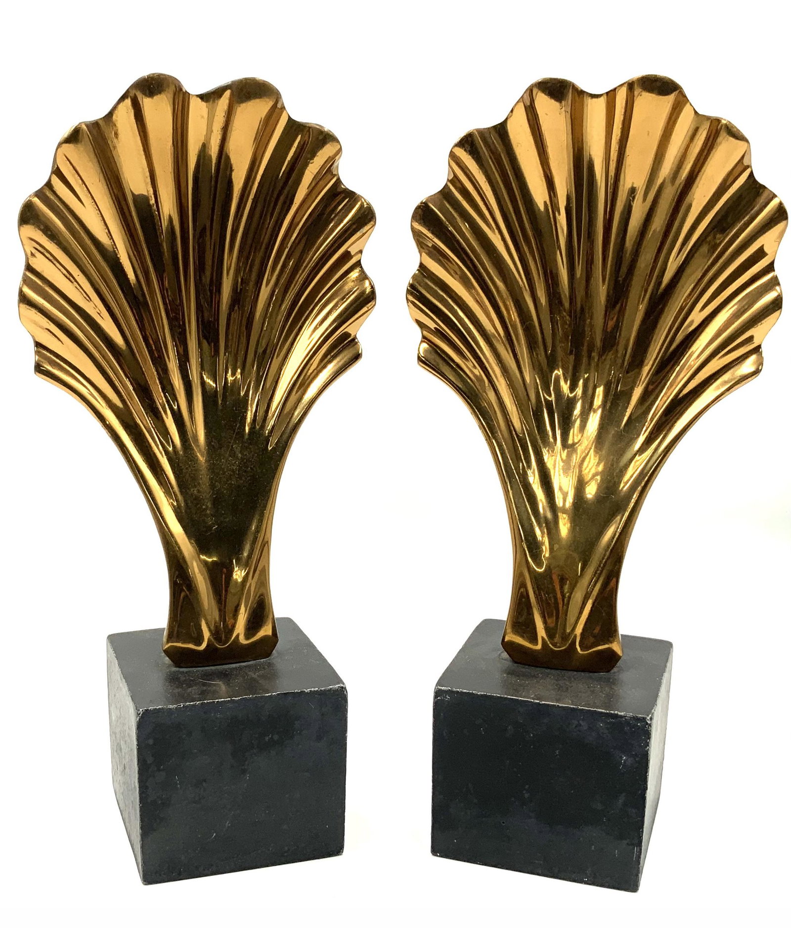 Pair of Bronze or Brass Shell-Type Bookends.: On Metal Bases. They Measure 15" Tall. Third-Party Shipping or Personal Pickup Required.