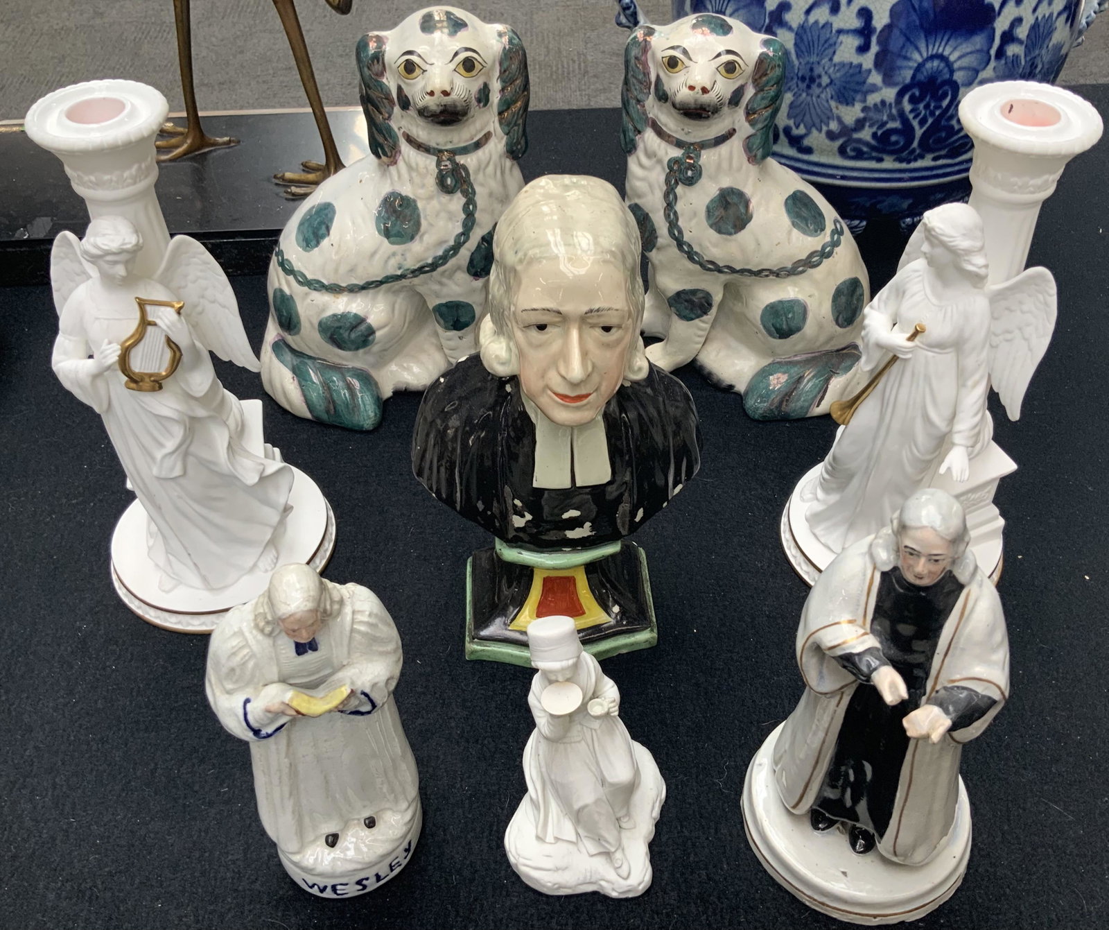 Lot of Asst. Porcelain, inc. Staffordshire.: Includes: 2 Staffordshire Dogs (9" Tall), a Staffordshire Judge Figure, 2 Lenox Angels of Light Candlesticks and 3 Small Figurines (Some Chips on these). Third-Party Shipping or Personal Pickup Requir