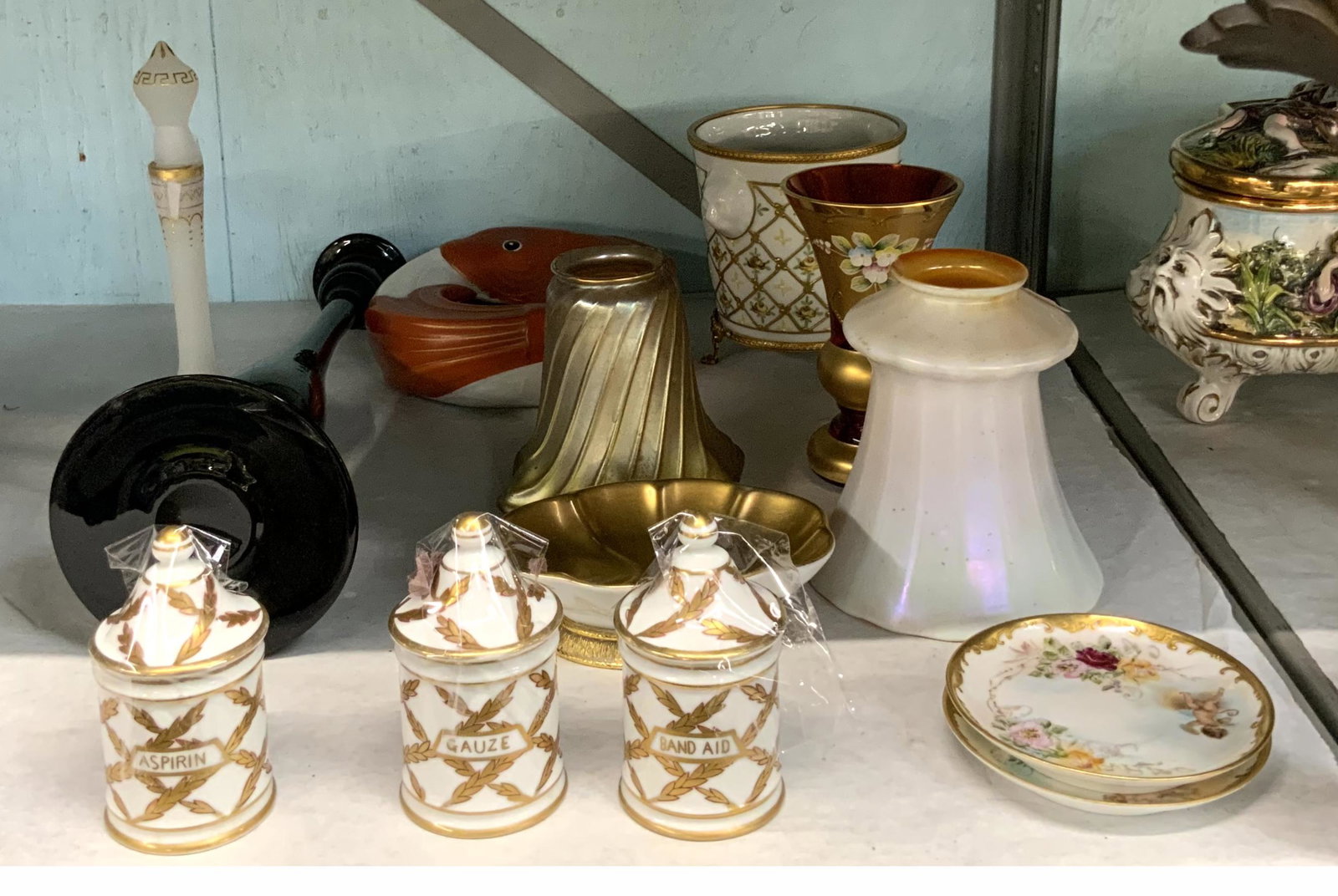 Lot: Art Glass Shades, Pedestal Bowl, etc.: Also, Vases, and a Blue Glass Candlestick (16" Tall). Third-Party Shipping or Personal Pickup Required.