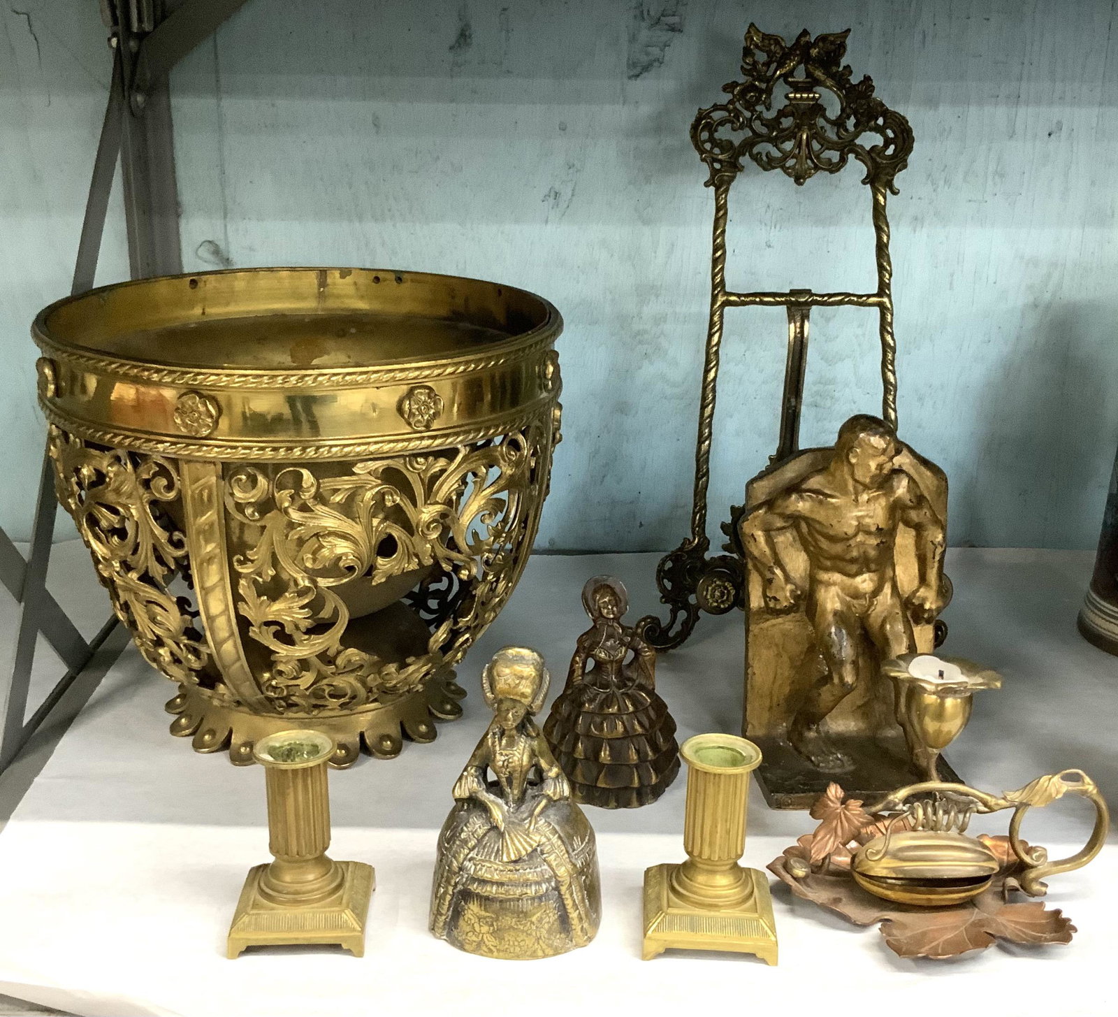 Lot: Assorted Brass Items & Metal Items.: Figural Bells, Bookend, Ornate Large Planter (9 3/4" Tall), Candlesticks, etc. - Third-Party Shipping or Personal Pickup Required.