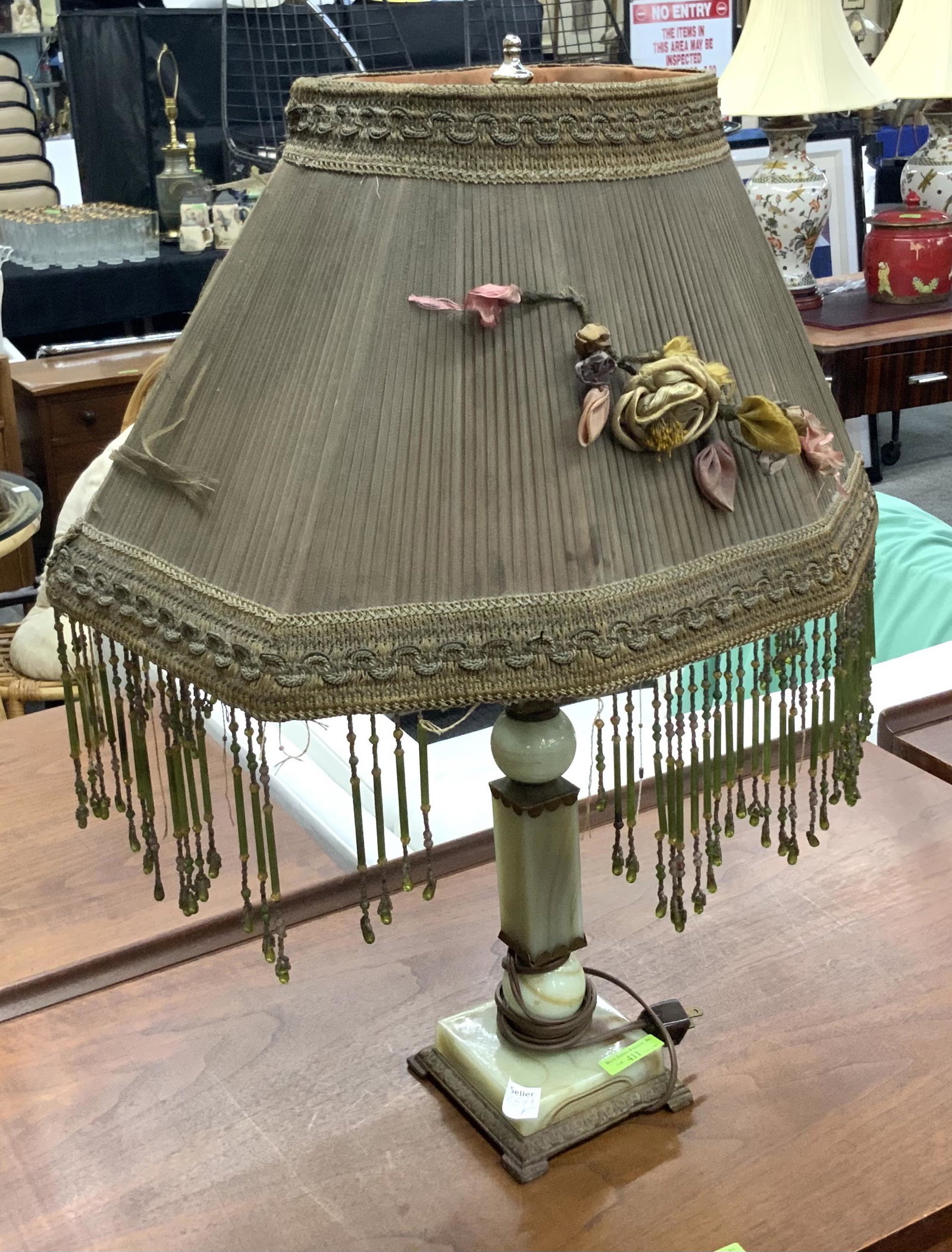 Antique Onyx Lamp with an Antique Cloth Shade.: Measures 24" Tall, inc. the Shade. Third-Party Shipping or Personal Pickup Required.