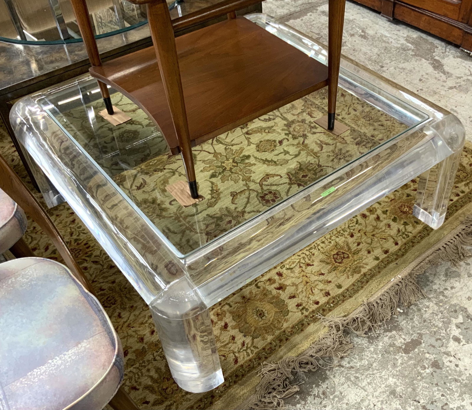 42" Square Lucite or Acrylic Modern Coffee Table.: Measures 16" Tall. Third-Party Freight Shipping or Personal Pickup Required.