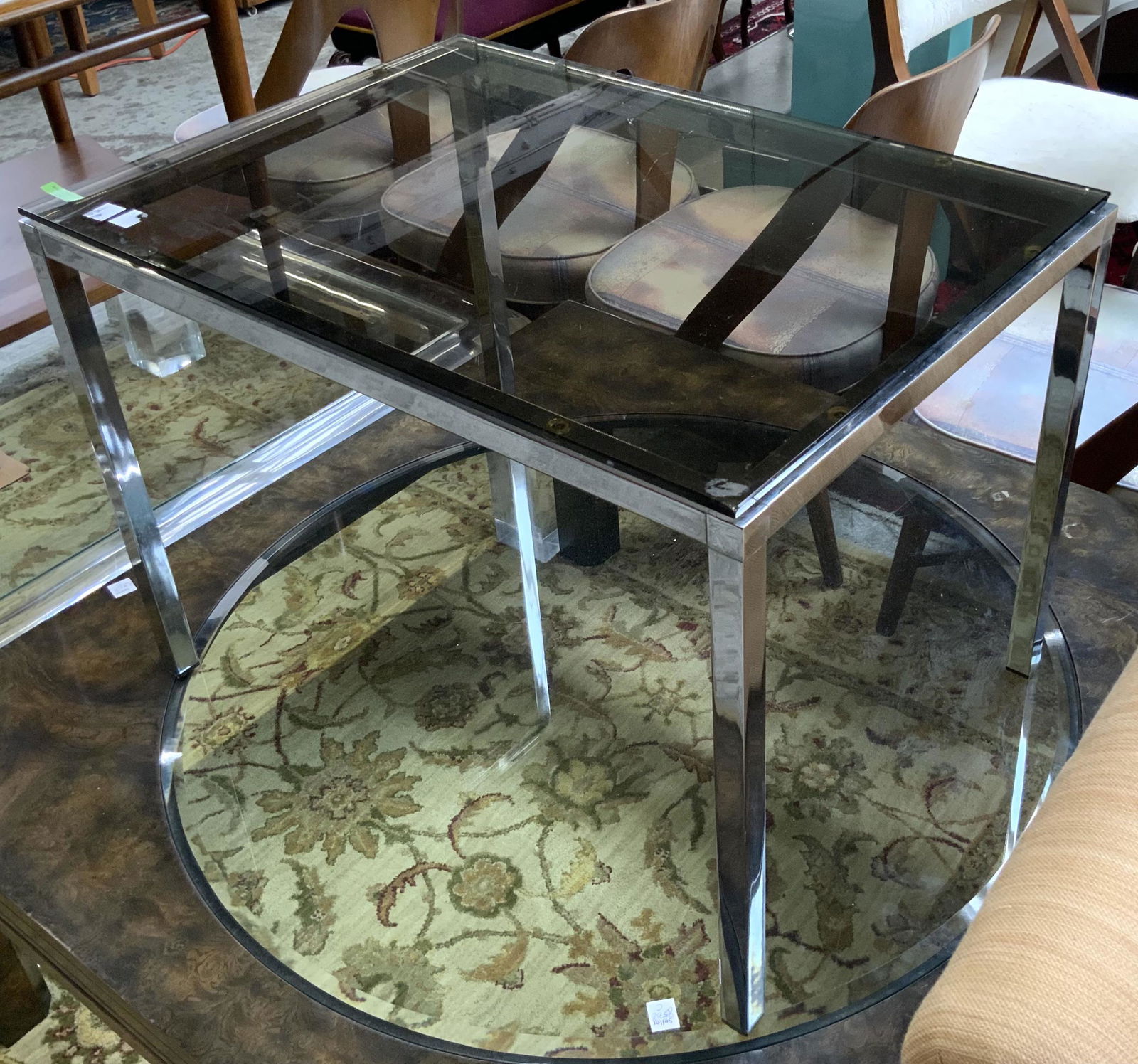 Milo Baughman Style Chrome & Glass Side Table.: Measures 20" Tall, 28" Wide, and 20" Deep. Third-Party Freight Shipping or Personal Pickup Required.