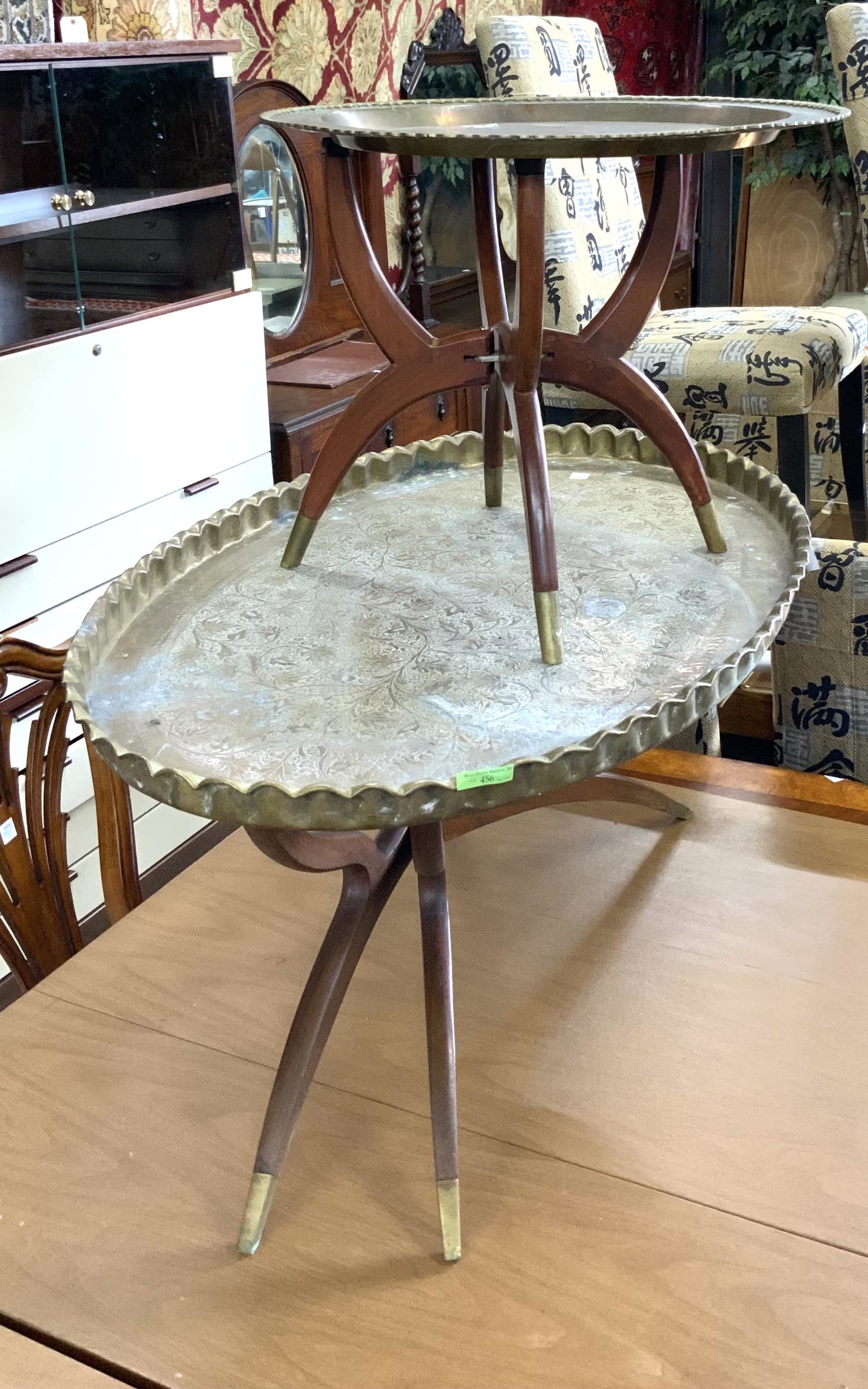 Lot of 2 Hammered Brass Coffee Tray Tables.: These Measure 40" and 20" Wide. Third-Party Shipping or Personal Pickup Required.