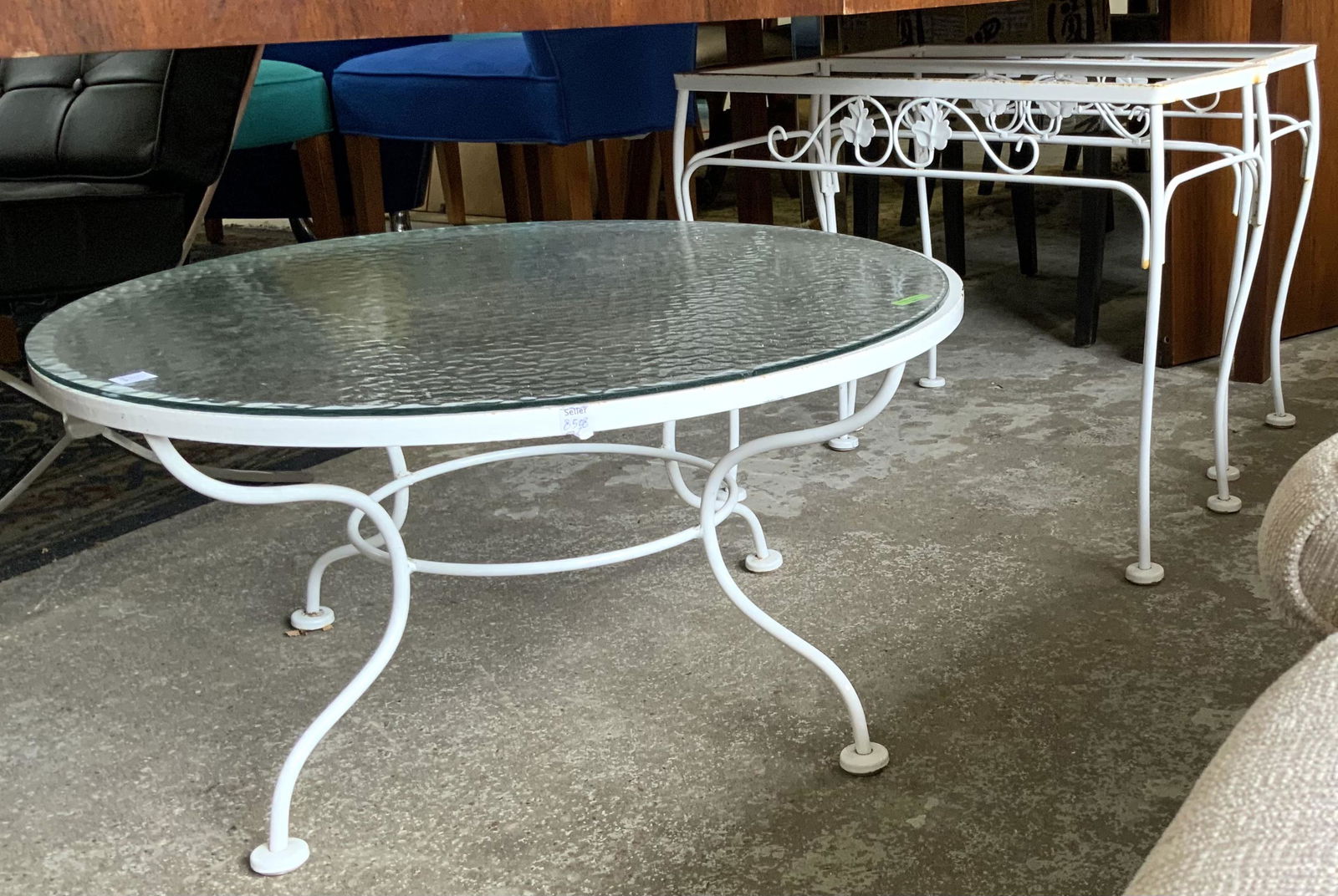 Lot of 3 Iron Patio Tables.: One measures 30" Diameter, Also a Pair of End Tables (No Glass) Measuring 24" x 12". Third-Party Freight Shipping or Personal Pickup Required.