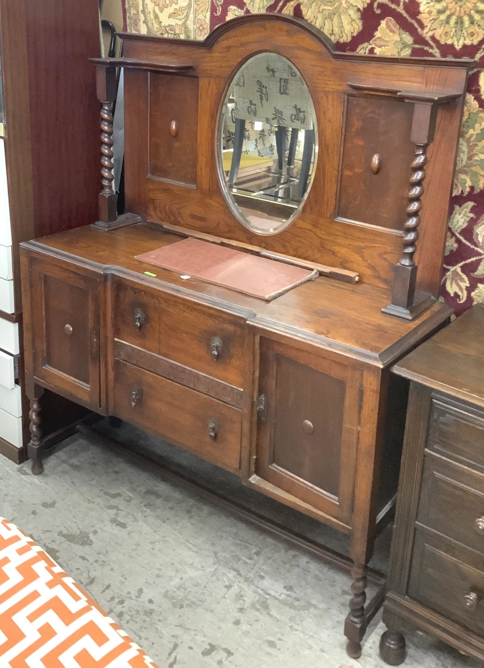 Antique Buffet with Mirrored Back.: Measures 66" Tall by 54" Wide. Third-Party Freight Shipping or Personal Pickup Required.