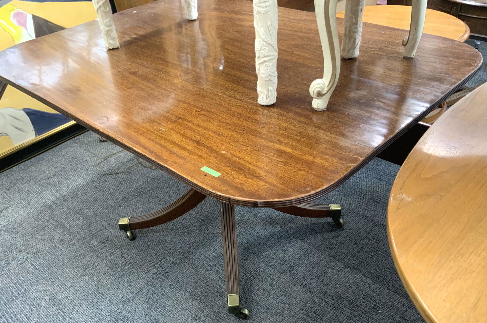 Large Duncan-Phyfe Style Tilt-Top Table.: Measures 52" Wide, 28" Tall, and 38 1/2" Deep. Third-Party Freight Shipping or Personal Pickup Required.