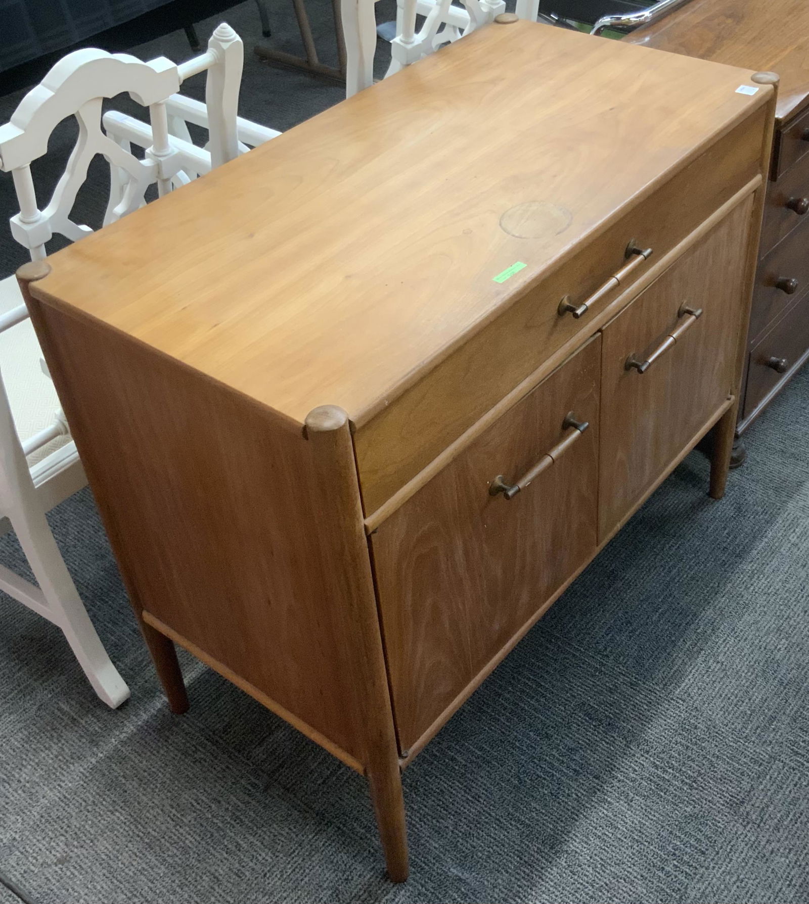 Mid-Century Teakwood Cabinet sgd. Henredon.: Has a Drink Ring Stain on the Top. Measures 36" Wide, 31" Tall, and 20" Deep. Third-Party Freight Shipping or Personal Pickup Required.
