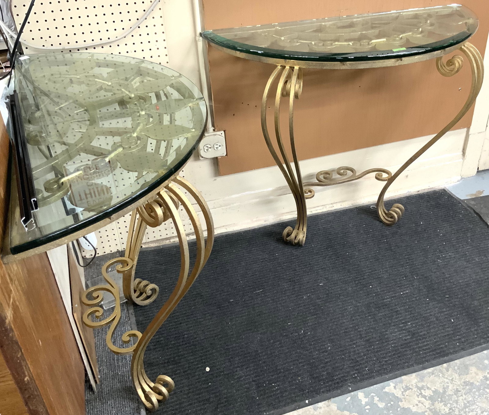 Pair of Heavy Glass & Iron Demilune Console Tables: These Measure 41" Wide, 33 1/2" Tall, and 18" Deep. Third-Party Freight Shipping or Personal Pickup Required.