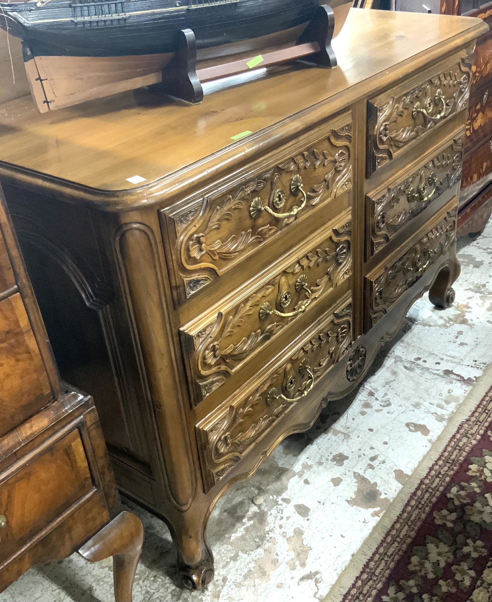 Sgd. William Switzer French-Style 6 Drawer Chest.: Measures 56" Wide, 38" Tall, and 23 1/2" Deep. Third-Party Freight Shipping or Personal Pickup Required.