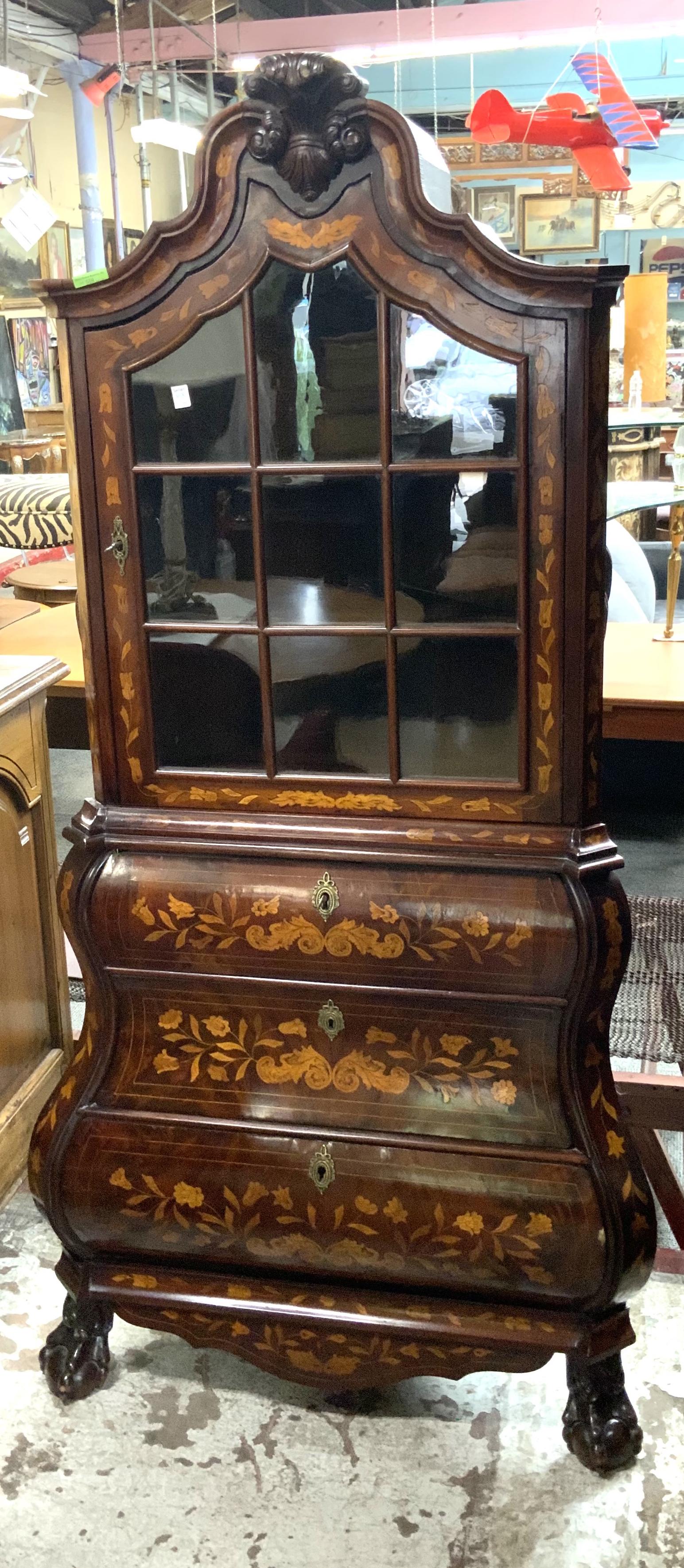 Antique Marquetry Inlaid Corner Cabinet.: With Ball and Claw Feet. Measures 33 1/2" Wide, 69" High, and 17" Deep. Third-Party Freight Shipping or Personal Pickup Required.
