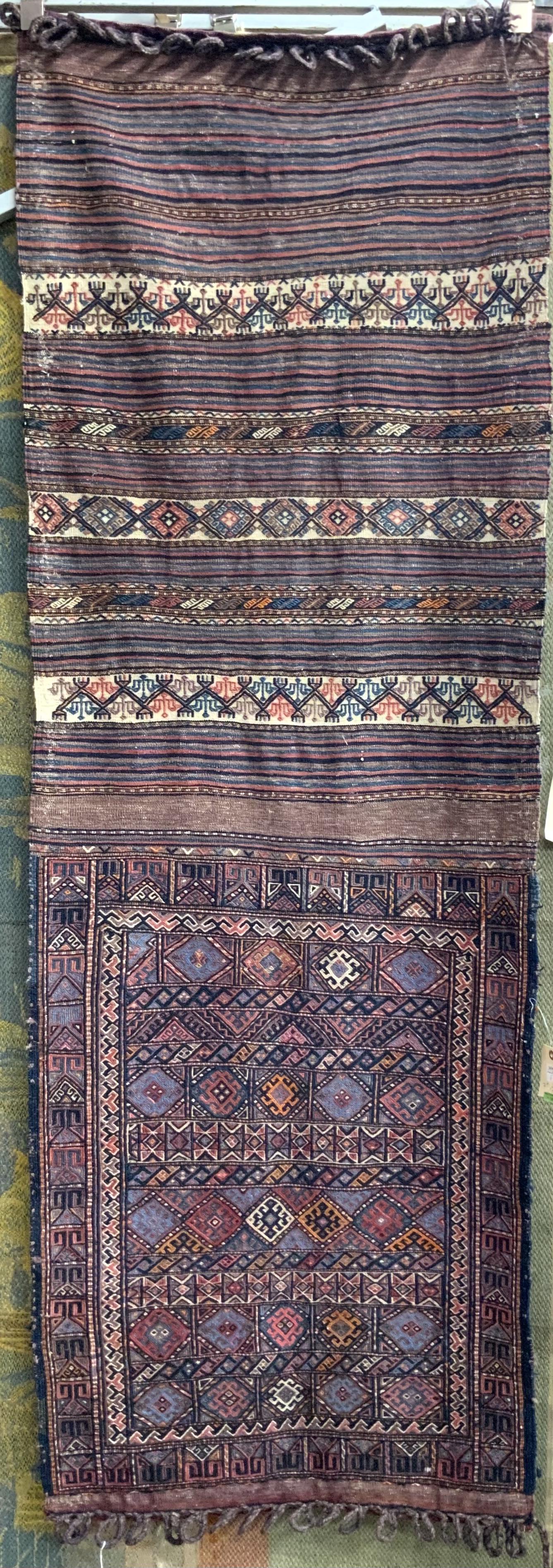 2' 6" x 7' 3" Flatweave Hanging Tapestry.: Blue, Black & White. Third-Party Shipping or Personal Pickup Required.