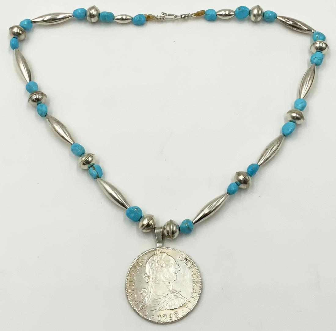Sterling & Turquoise Necklace with Silver Coin.: The Necklace is Comprised of Sterling Silver Beads and Melon Beads, with Sleeping Beauty Turquoise Beads, and a 1783 Spanish Empire 8 Reales Silver Coin Pendant. The Necklace Portion Measures 19 1/2"