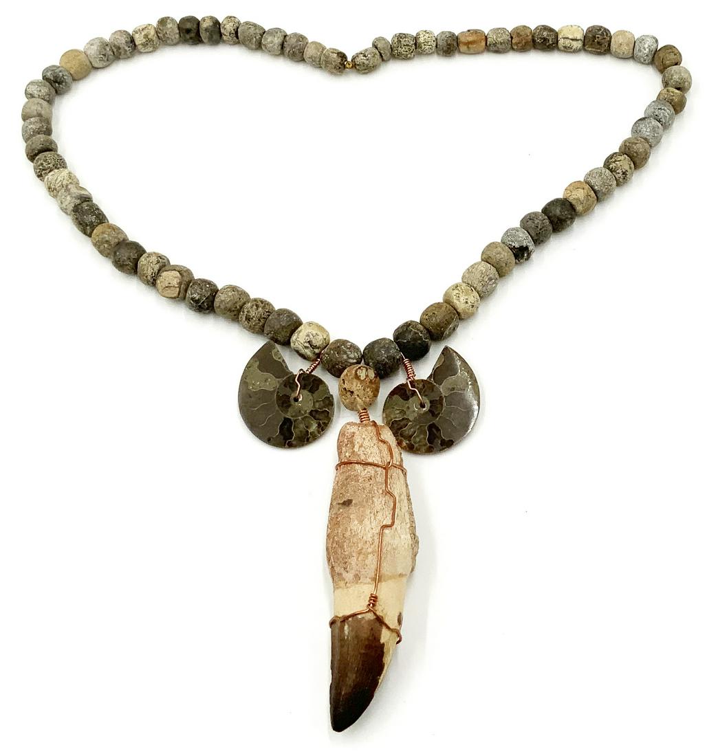 Necklace with Mosasaur Tooth Pendant & Ammonites.: The Necklace is Comprised of Fossilized Mastodon Bone Beads, Dating back 35 Million Years. The Mosasaur Tooth Measures Over 4" Long. The Mosasaur was a Dinosaur-Like Reptile that Swam during the Creta