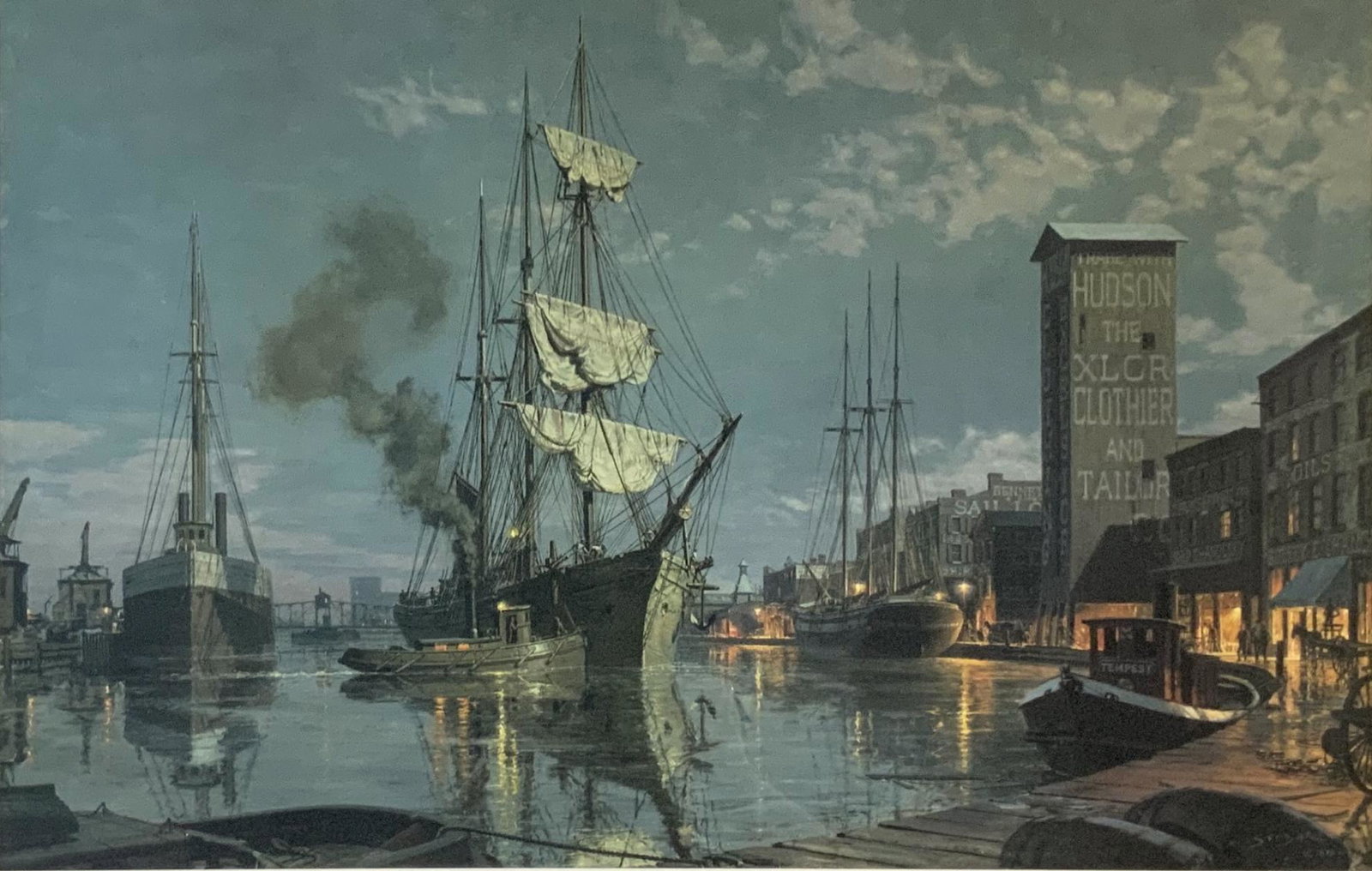 John Stobart Signed & Numbered Lithograph.: Titled "Cleveland - Moonlight Arrival on the Cuyahoga, ca. 1876". Pencil Signed and Numbered 184 of 950, Lower Right. Image Size Measures 20" x 31". The Ornate Frame Measures 35 1/2" x 44". Third-Part