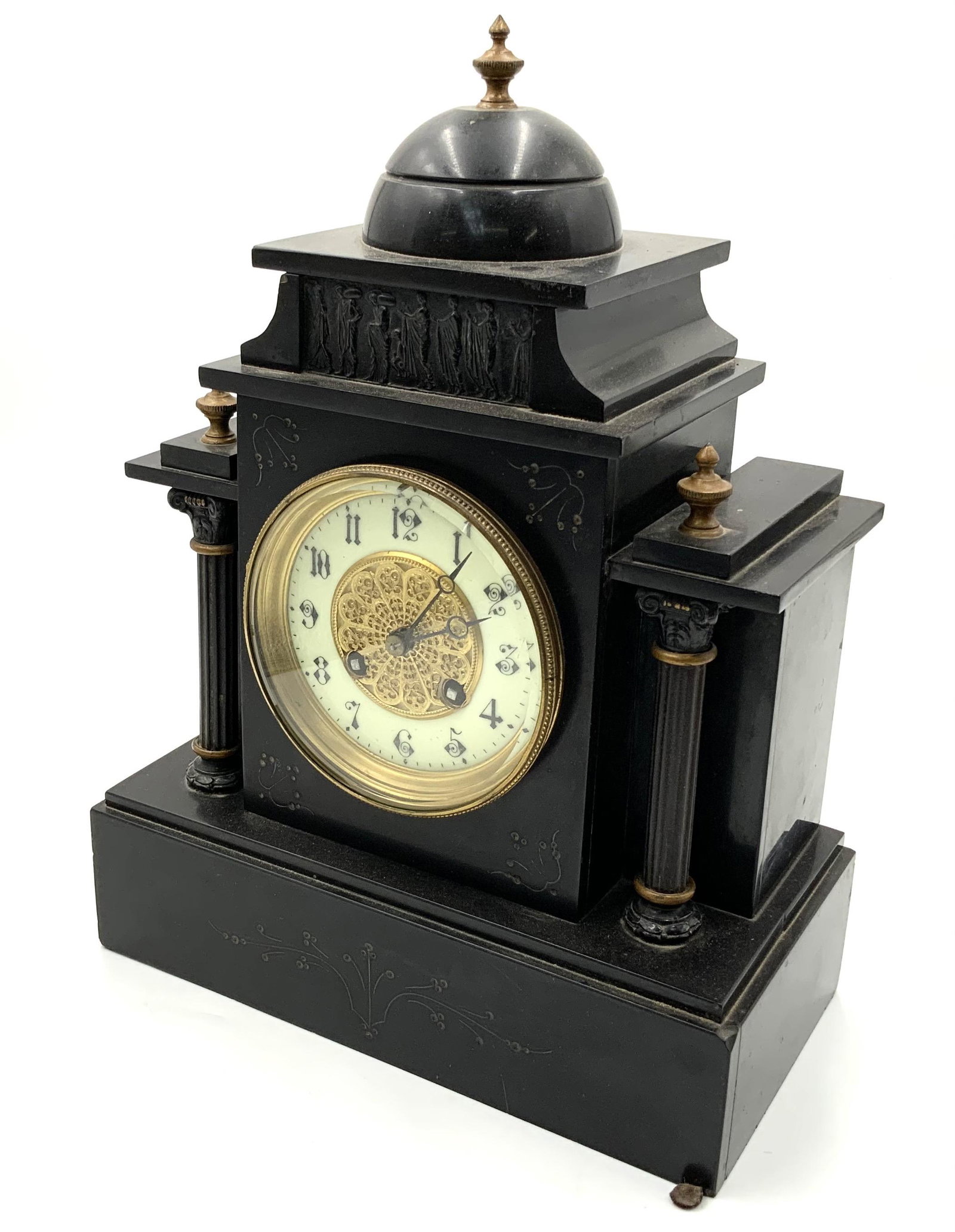Antique Victorian French Slate Clock.: The Movement is Signed "G & Fils - Paris". Comes with Key & Pendulum. The Case has a Chip on the Lower Right Hand Corner, and a Few Nicks on the Lower Left Edge and Lower Left Edge of the Base. It app