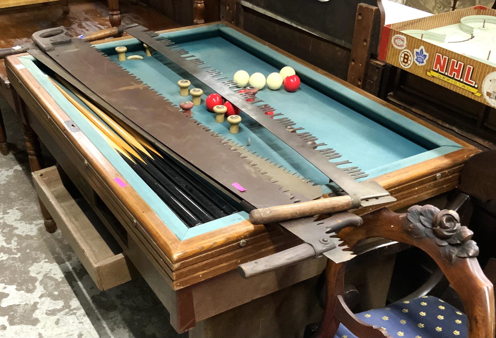 Bumper Pool Table with 5 Sticks & 8 Balls.: Third-Party Freight Shipping or Personal Pickup Required.