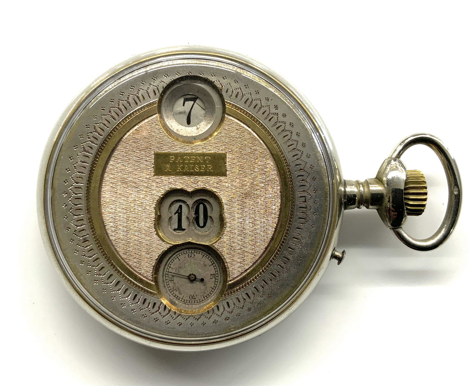 Antique Digital Display Pocketwatch.: Patented by A. Kaiser. Displays the Hour and Minutes in Windows on the Top and Middle Portions of the Pocketwatch, as Well as a Second Hand on the Bottom. An Unusual Pocketwatch. It Ticks.