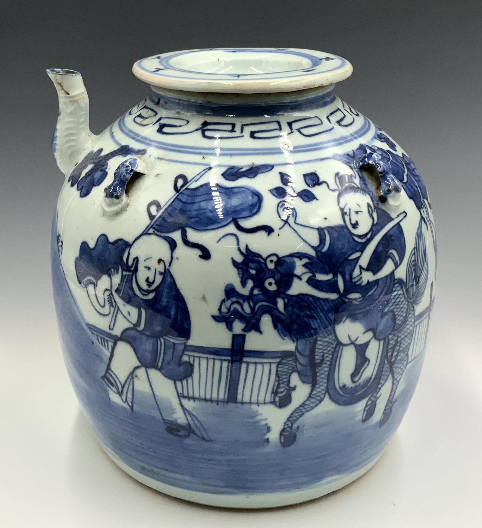 Old Asian Porcelain Blue & White Tea Kettle.: Measures 9" Tall and 8" Wide. Third-Party Shipping or Personal Pickup Required.