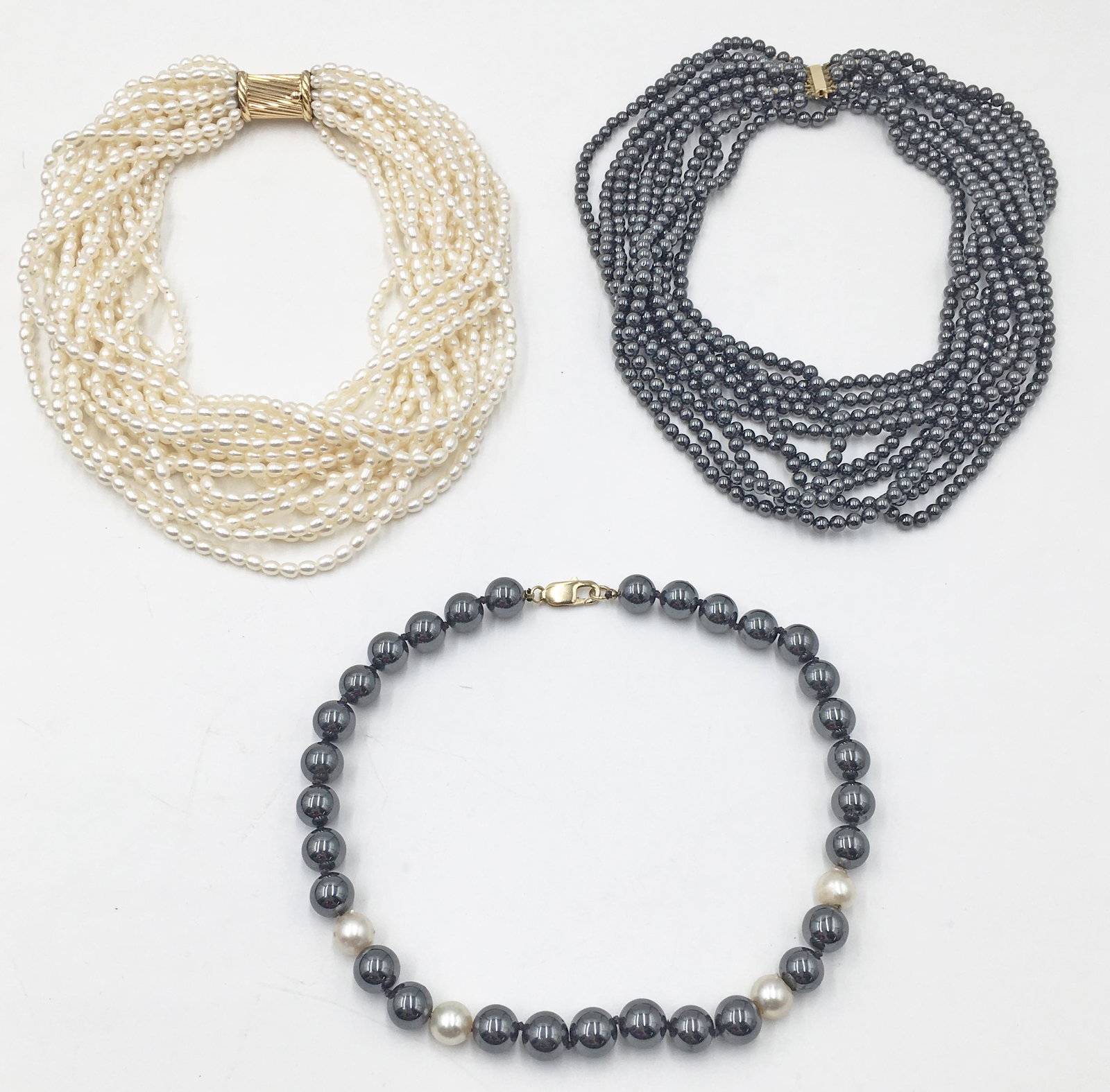 Lot of 3 Necklaces w/14K Clasps - Pearl & Hematite: These Measure 14 1/2", 15 1/2", and 15 3/4" Long.