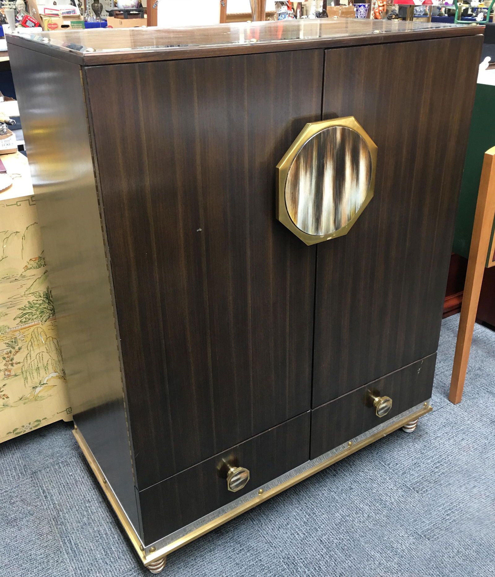 Jeffrey Bilhuber for Henredon Deco-Style Bar.: Has a Few Scrapes to the Finish on the Front. There are Also Marks on the Interior Shelves. Measures 48 1/2" Tall, 38" Wide, and 21" Deep. Third-Party Freight Shipping or Personal Pickup Required.