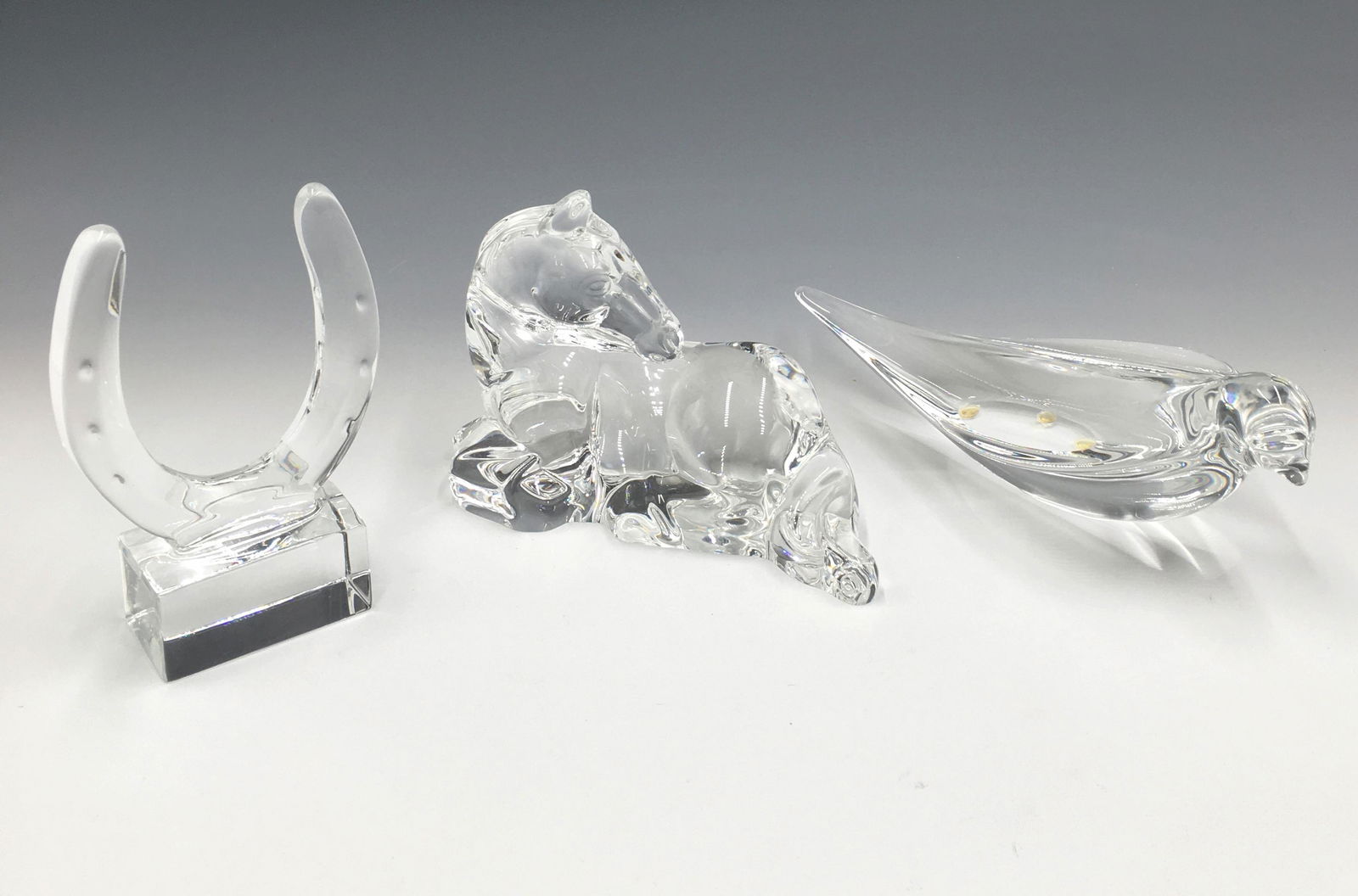 Lot of 3 Crystal Steuben Figurines.: All in very nice condition, with no damage noted. Tallest item is 4.5" tall. The bird is unmarked, the other two are marked. Third-Party Shipping or Personal Pickup Required.