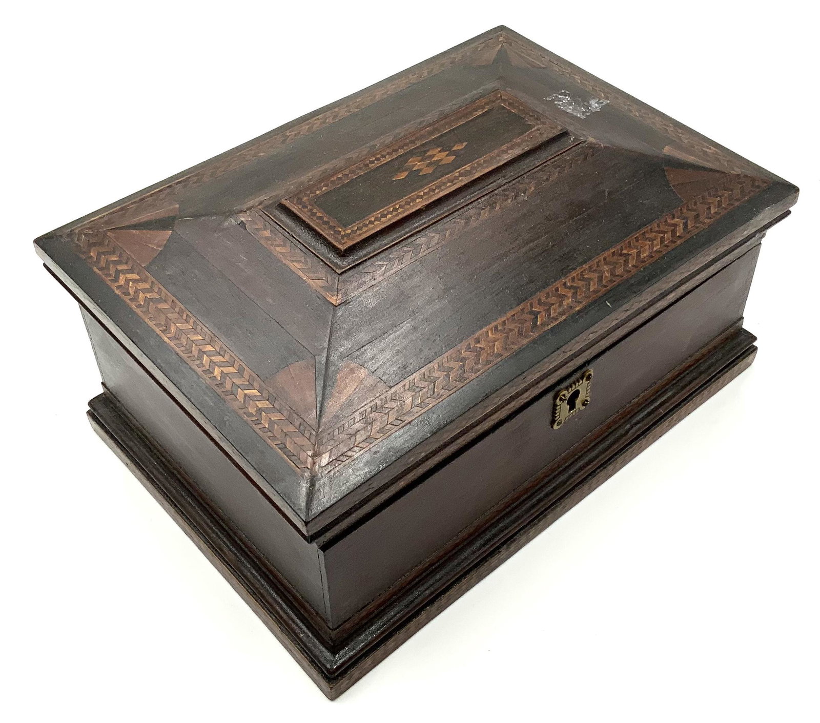 Antique Inlaid Box with Mirrored Interior Lid.: Measures 6 1/4" Tall, 12" Wide, and 8 1/2" Deep.