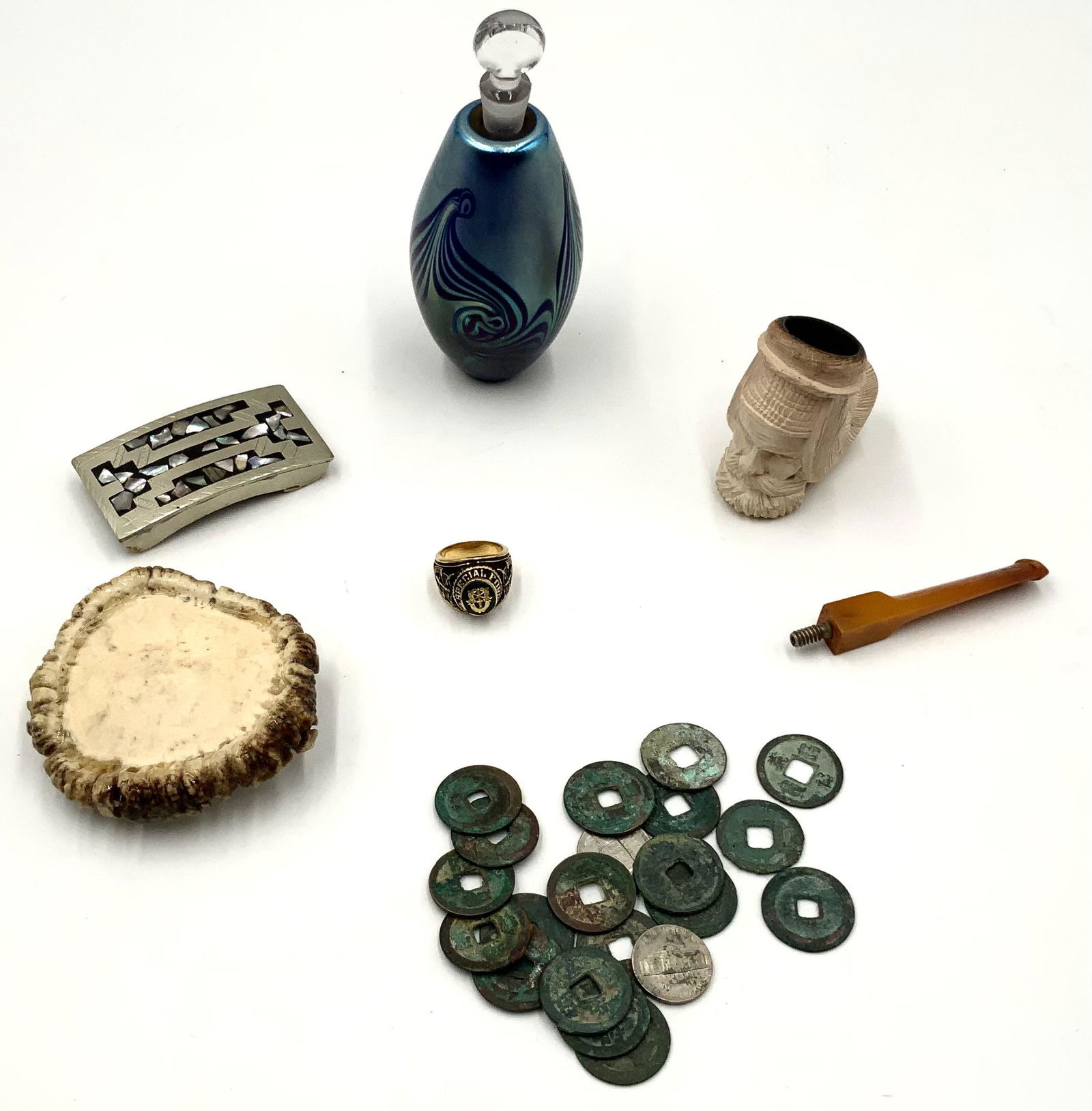Lot of Assorted Items - Art Glass Perfume, etc.: Includes: Old Asian Coins, a Special Forces Ring, an Antler Belt Buckle, an Alpaca Belt Buckle with Mother-of-Pearl Inlay, a Carved Meerschaum Pipe, and a Signed Eickholt Art Glass Perfume Bottle (3 7
