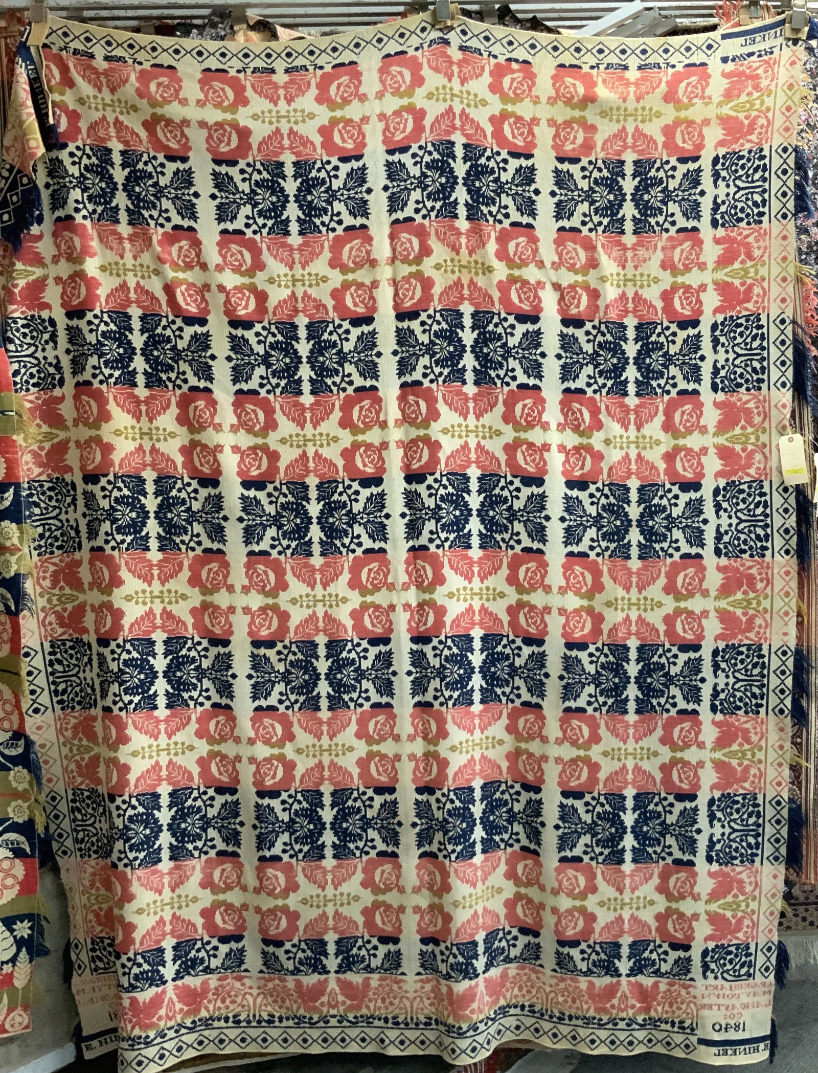 Antique Victorian Jacquard Coverlet by Gebhart.: Dated 1840. Missing part of its fringe. Nice condition overall. Measures 7' x 8'.