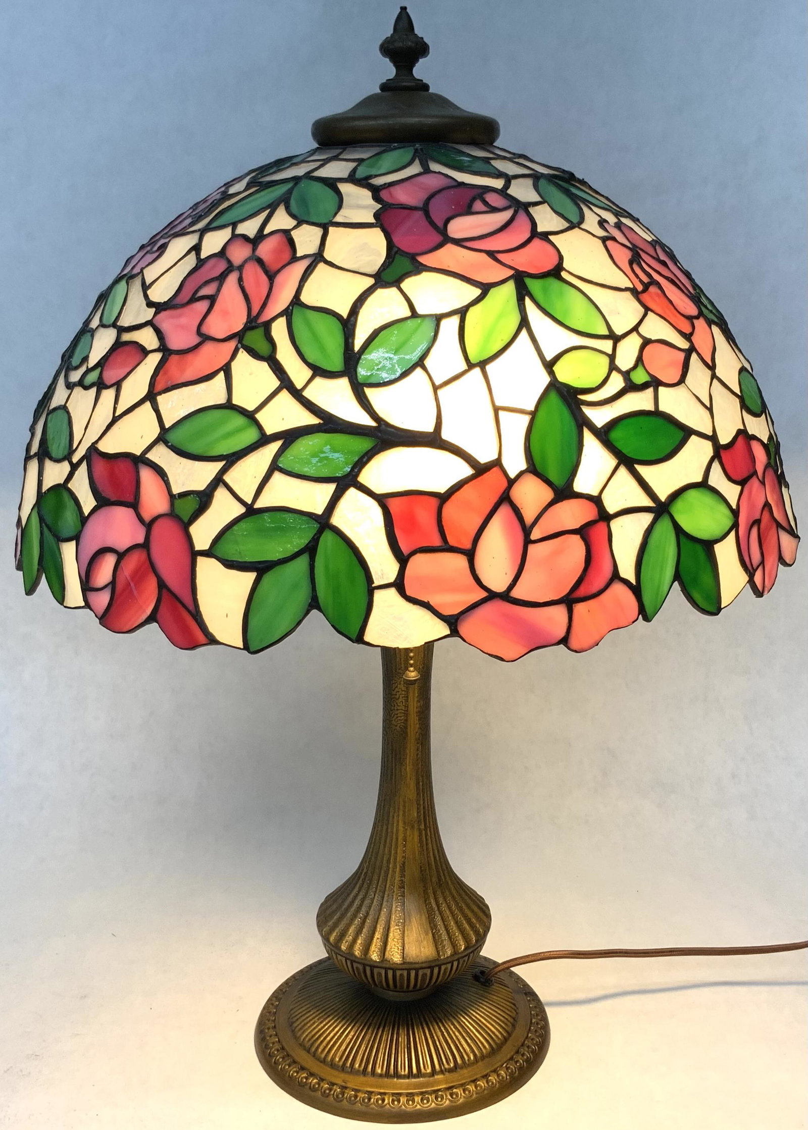 Leaded Shade Table Lamp.: The Shade is Newer and the Base is Antique or Vintage. It's a 2-Bulb Lamp, and it Works. The Shade Measures 17" in Diameter. Third-Party Shipping or Personal Pickup Required.