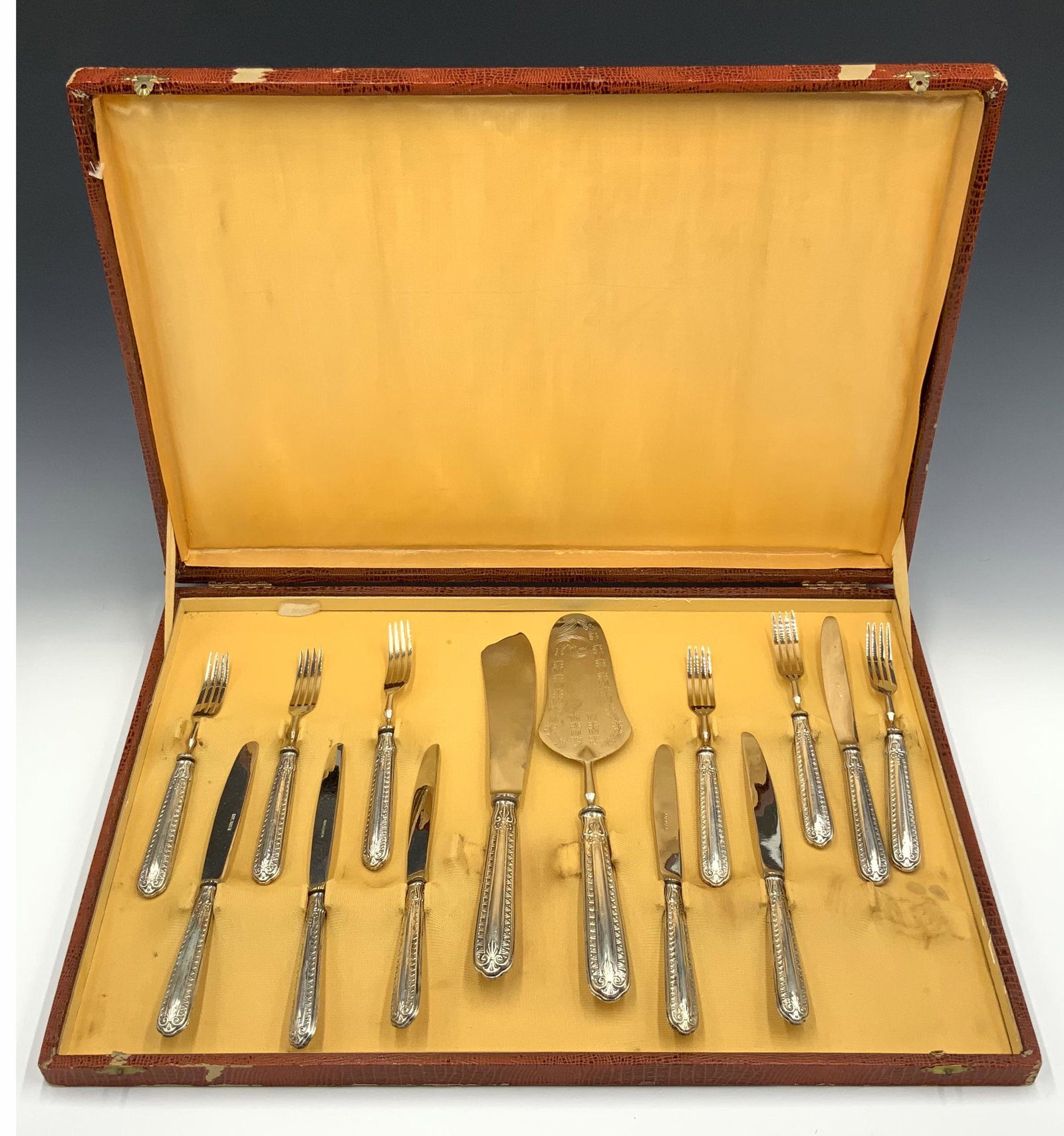 Very Ornate .800 Silver Handle Silverware Set.: With Case (Water Damaged). Made by Soliden. 14 Pcs. in all.