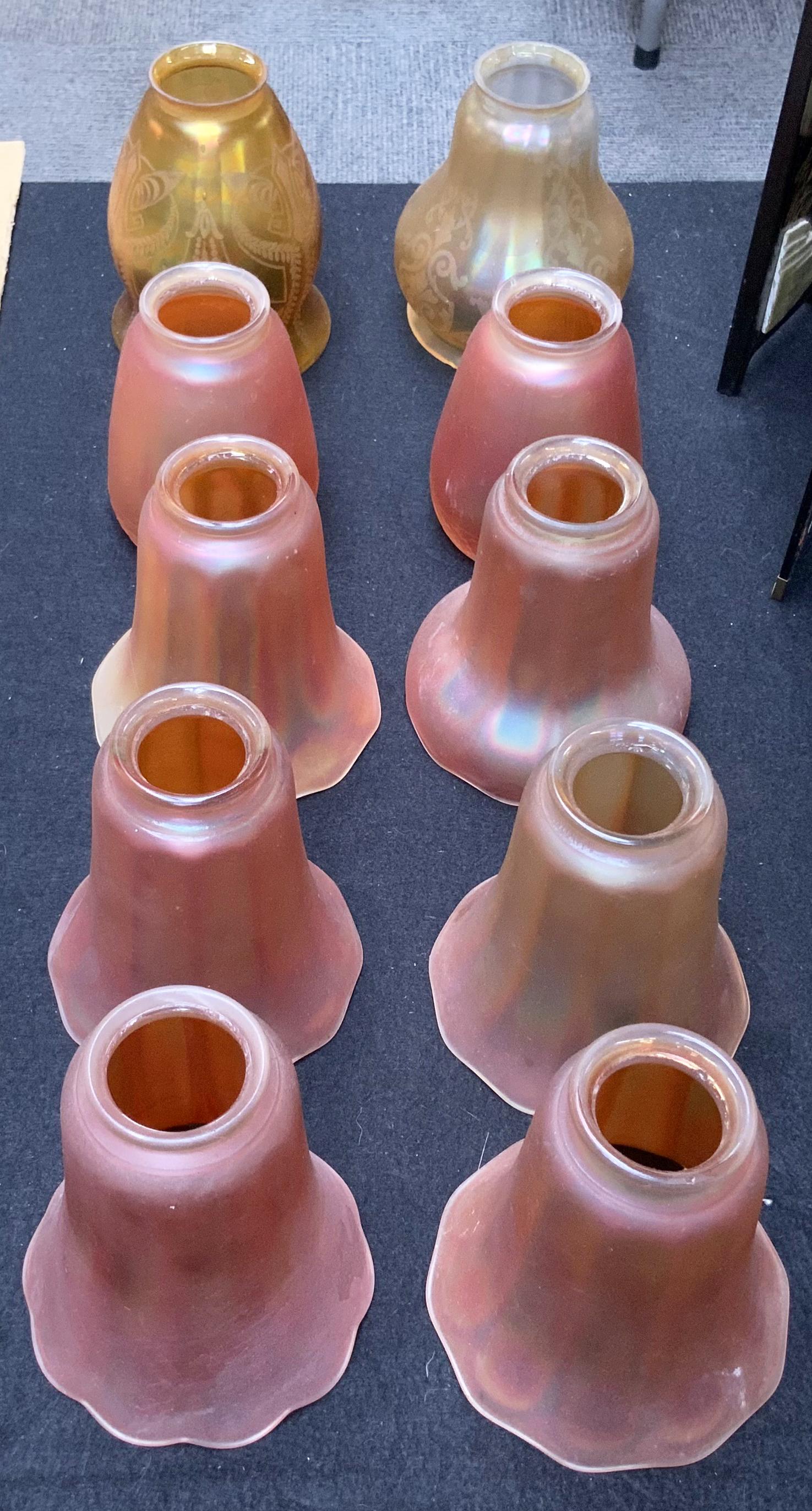 Lot of 10 Art Glass Lamp Shades.: Includes: Nuart, Lightolier and Other Aurene Types. These Generally Measure 5 1/2" Tall. Third-Party Shipping or Personal Pickup Required.