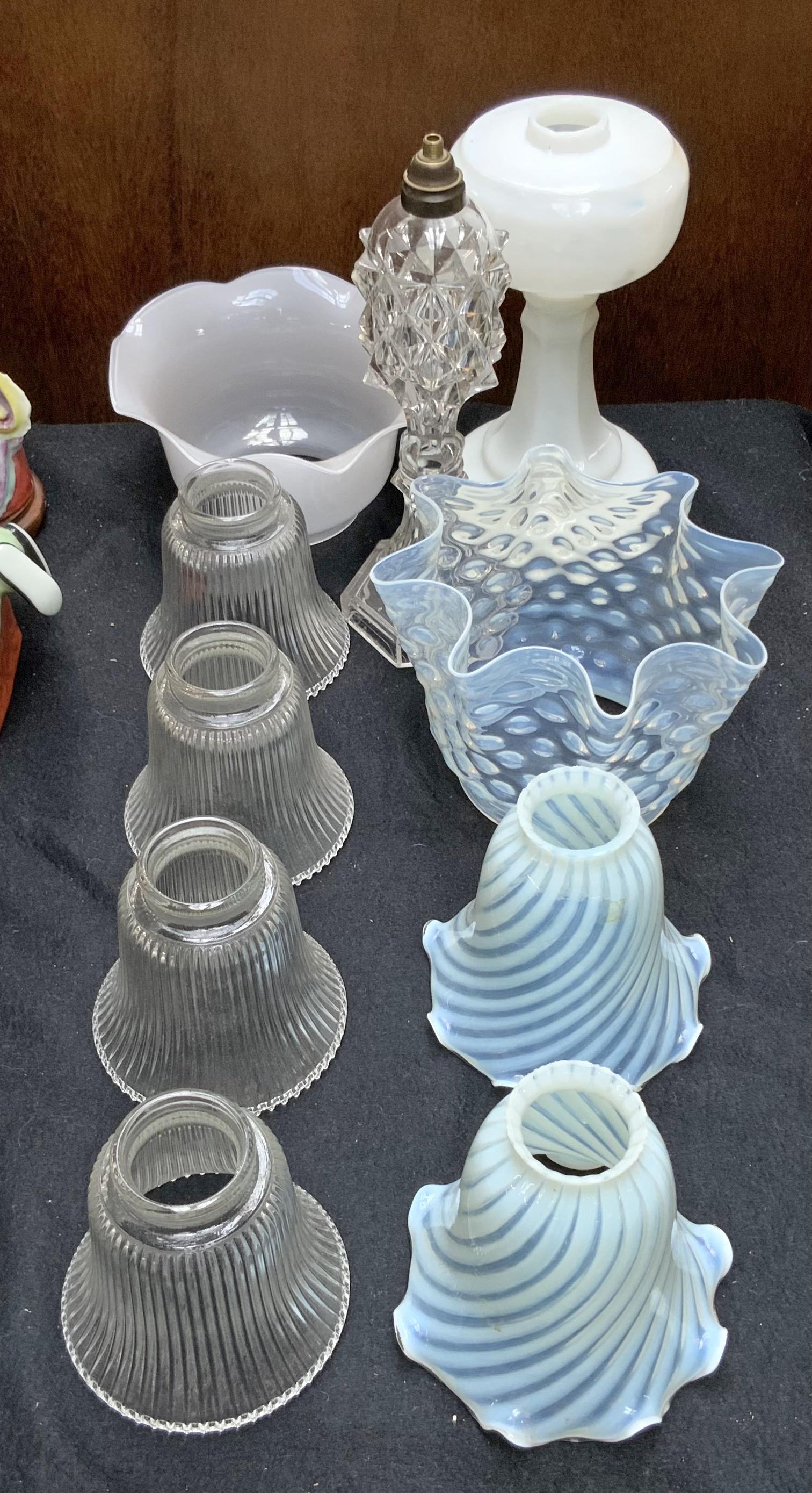 Lot: 8 Pcs.: Opaline Lighting Shades & 2 Oil Lamps: The Shades Measure 5" Tall (There are 4 Matching and a Matching Pair). Also Included are Two Victorian Oil Lamps, Measuring 10" and 12" Tall. Third-Party Shipping or Personal Pickup Required.