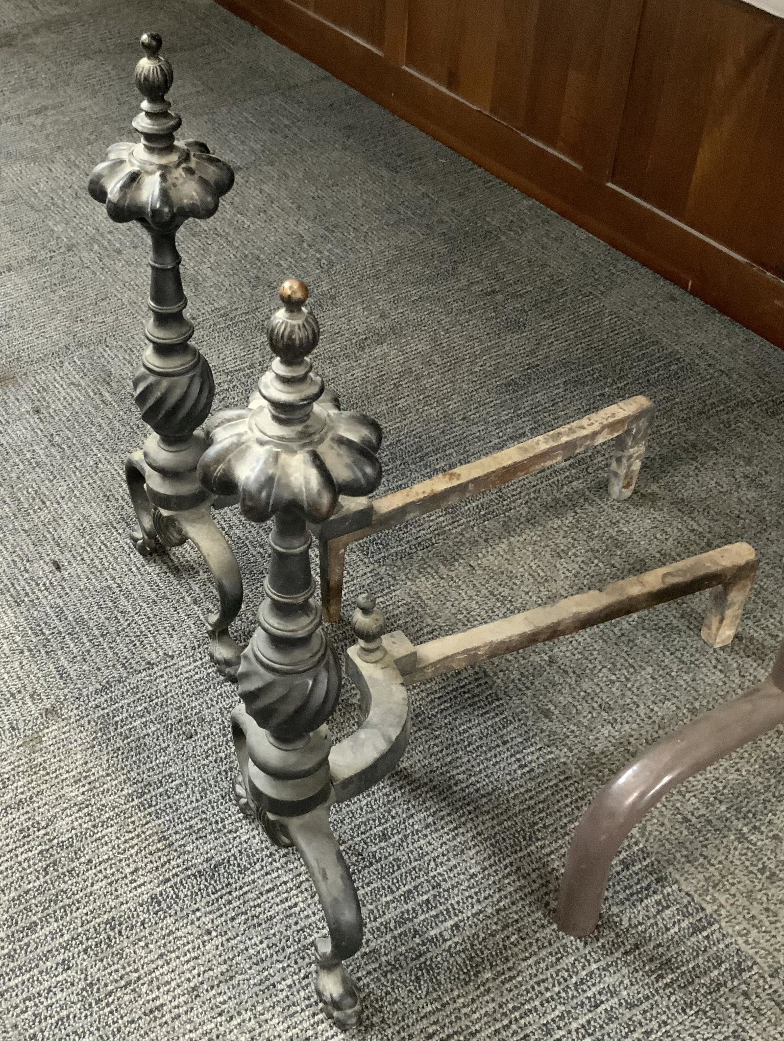 Pair of Ornate Cast Iron Andirons.: These Measure 20" Tall. Third-Party Shipping or Personal Pickup Required.
