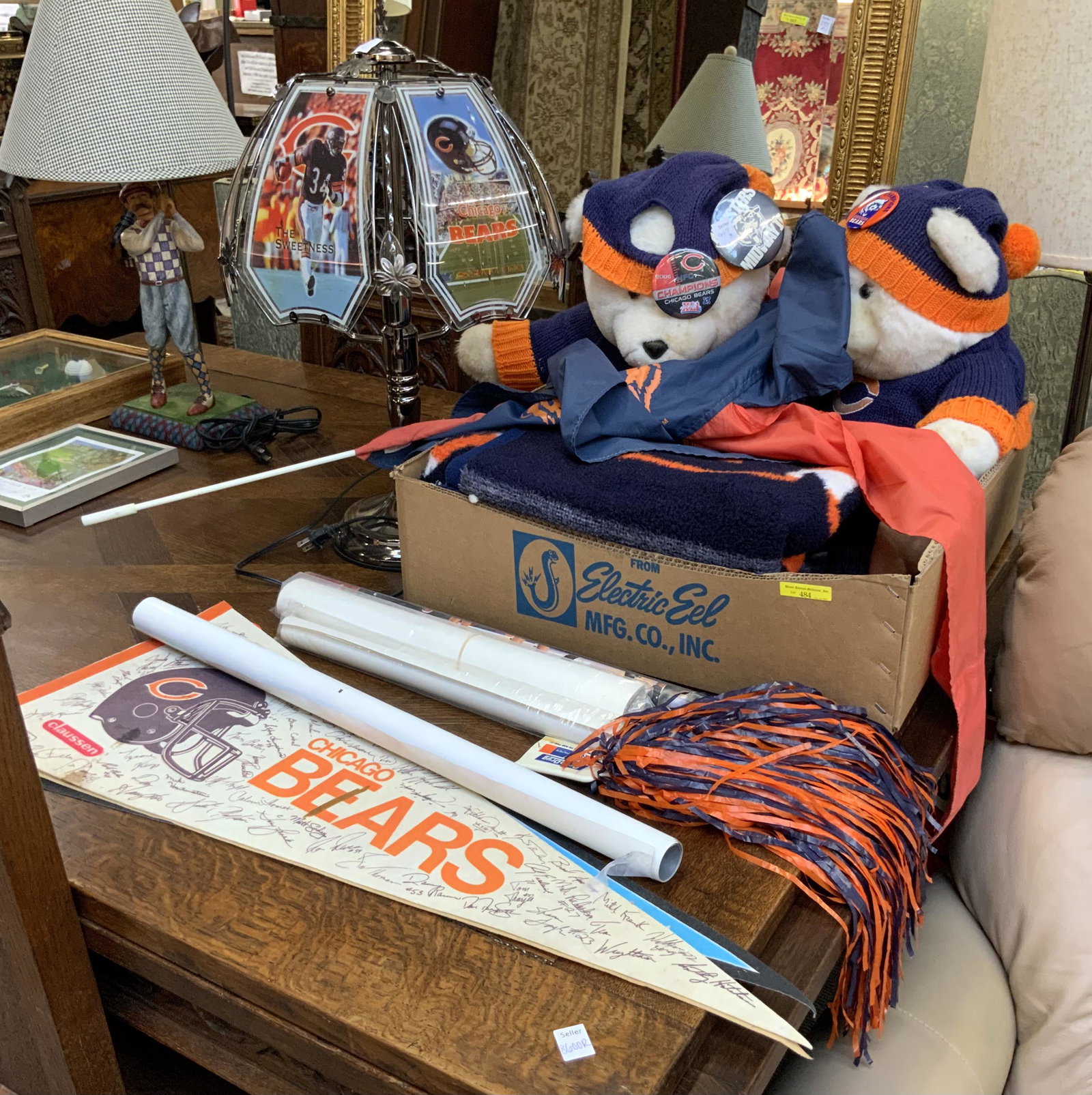 Very Large Lot of Chicago Bears Memorabilia.: Vintage and Other. Includes a Blanket, Teddy Bears, Pins, Bears Flag, 3 Pennants, and a Walter Payton/Soldier Field/Bears Table Lamp (23" Tall). Also Includes Bulls & White Sox Posters. Third-Party Sh
