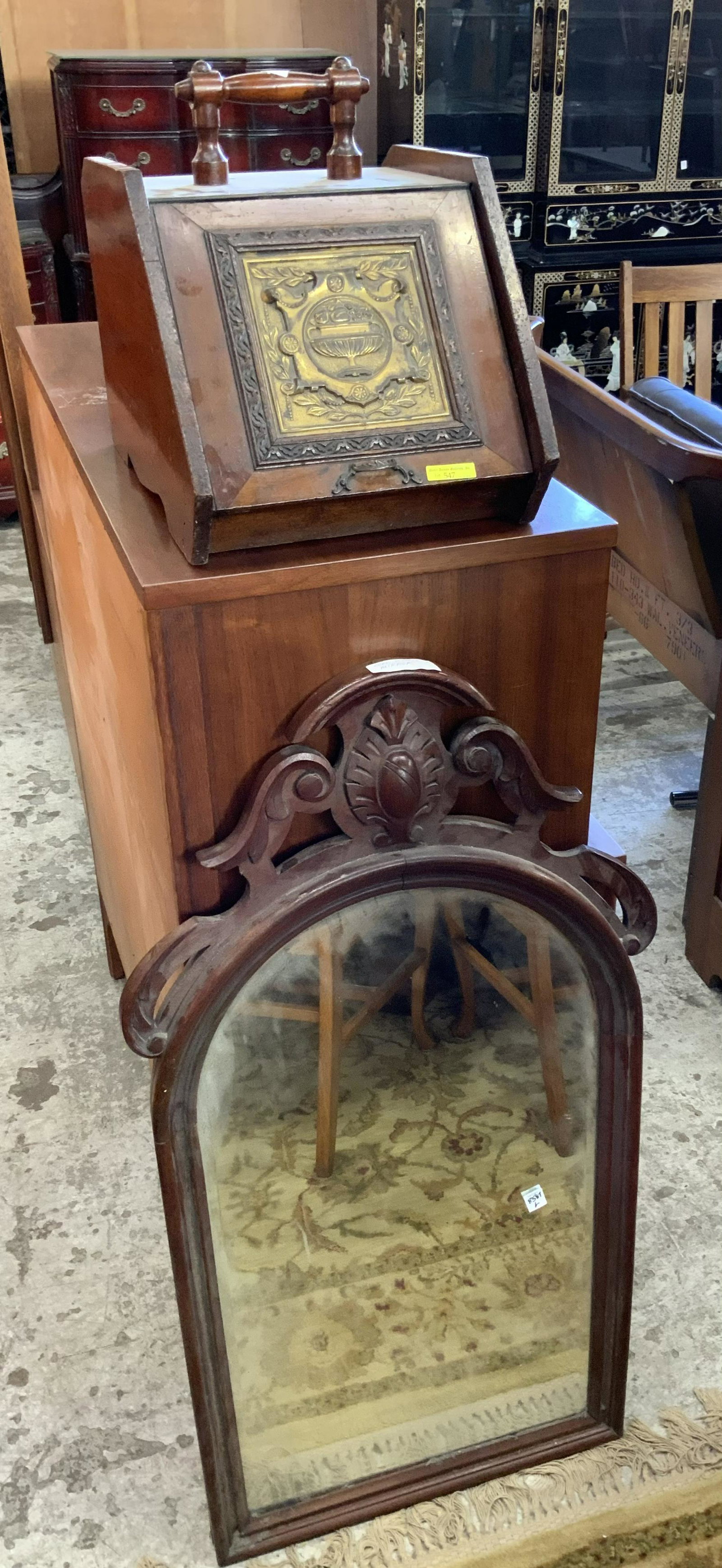 Lot: Wood Frame Mirror & Antique Coal Scuttle.: The Scuttle is Wood and Brass. Third-Party Shipping or Personal Pickup Required.