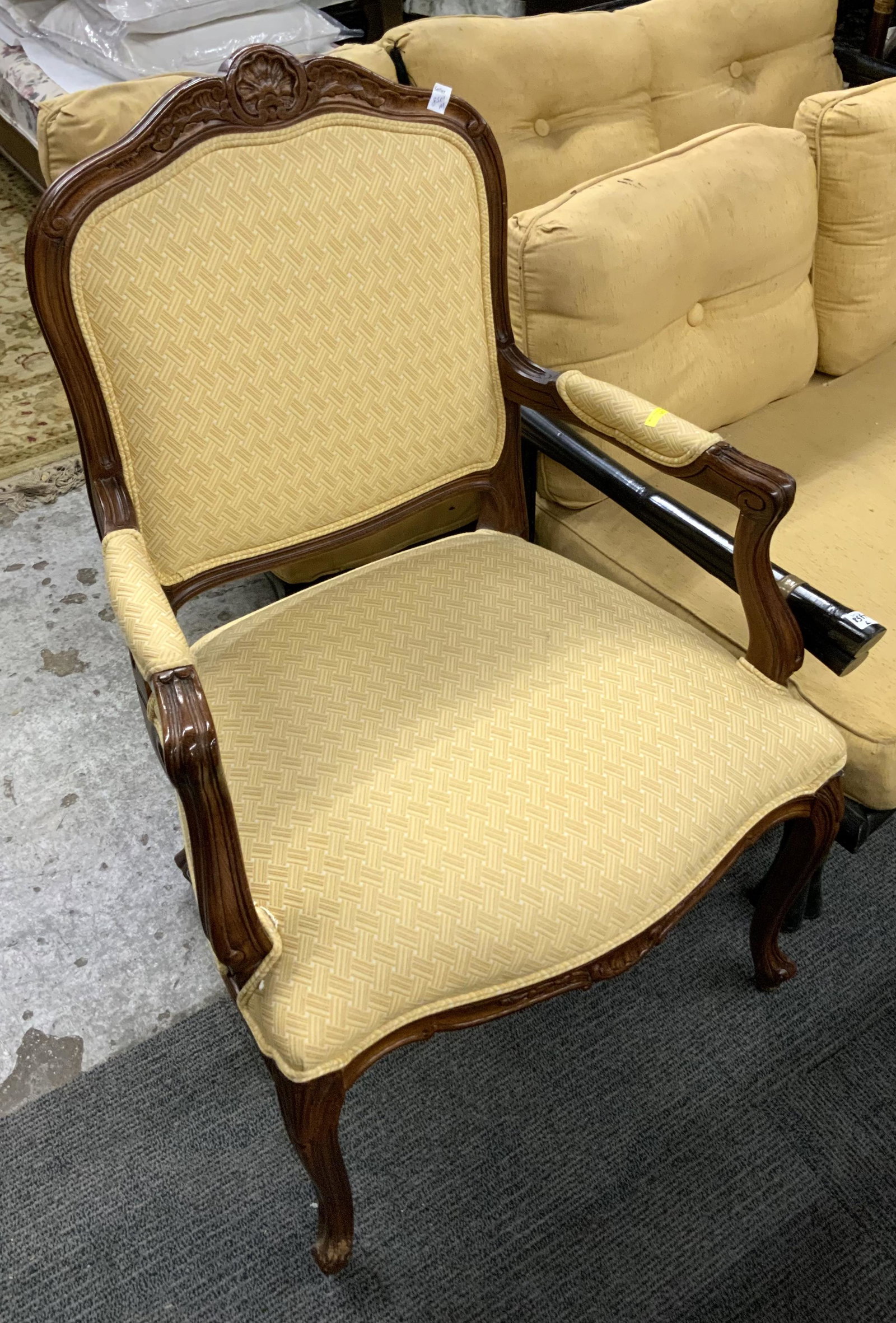 Yellow Upholstered Wood French Armchair.: Third-Party Freight Shipping or Personal Pickup Required.