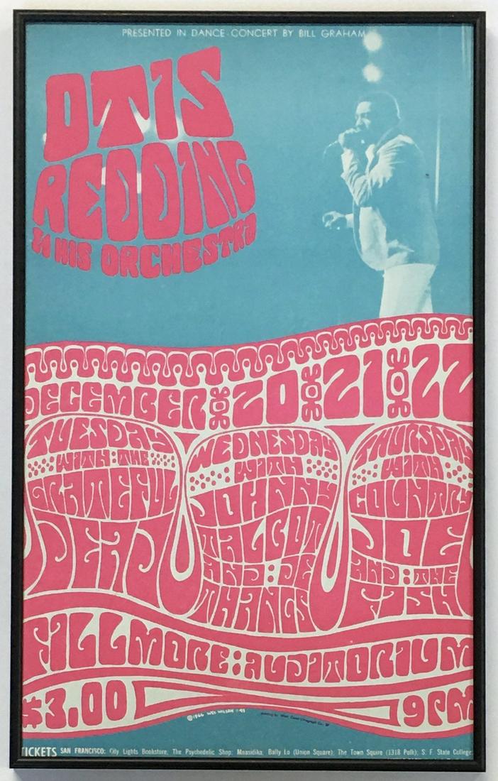Otis Redding BG-43 Psychedelic Concert Poster.: Of the Bill Graham Series. This Poster is in Overall Excellent Condition. It was Designed by Wes Wilson in 1966. It is Framed. The Poster plus the Frame Measures 22 3/4" x 14 1/4". The Frame has a Cou