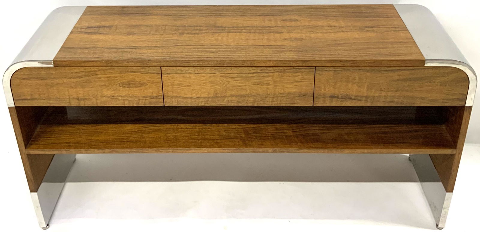 Pace Mid-Century Wood & Chrome Console Table.: Rosewood and Chrome, Designed by Leon Rosen. The Table Measures 29 1/2" Tall, 60" Wide, and 16" Deep. The Chrome has some Light Scratches on it, Otherwise it is in Excellent Condition. Third-Party Fre